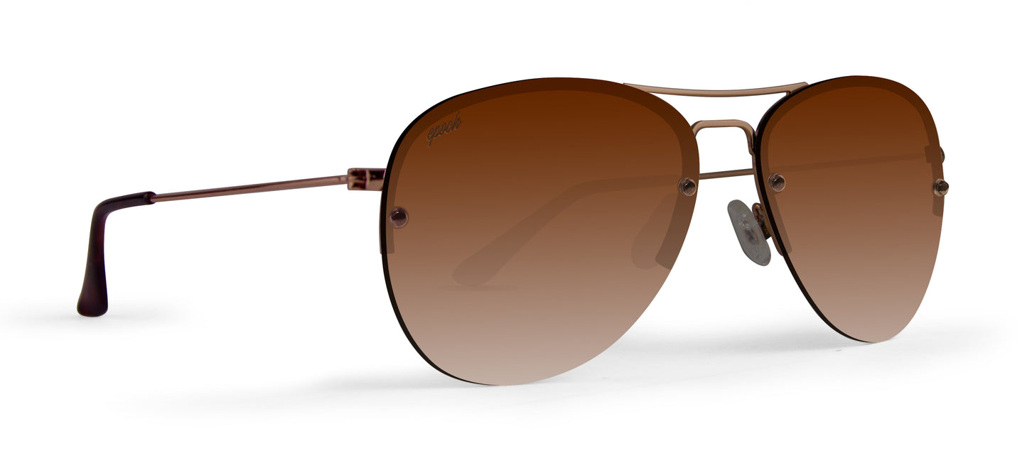 The Epoch Eyewear Emerson sunglasses feature thin brown metal aviator frames, gradient brown polarized lenses with UV protection, adjustable nose pads, and dark brown plastic arm tips. Shown on a plain white background.