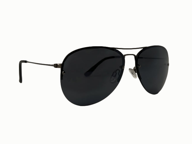 The Emerson by Epoch Eyewear are black aviator sunglasses with large dark polarized lenses, thin metal frames, double bridge, clear nose pads, slim black arms, and UV protection. Shown on a plain white background.