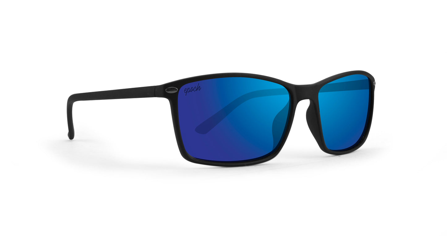 Epoch Eyewear Murphy sunglasses feature matte black, slightly rounded frames with straight arms and shatterproof, mirrored blue polarized lenses. The Epoch logo is printed near the top corner of the left lens. Shown on a white background.