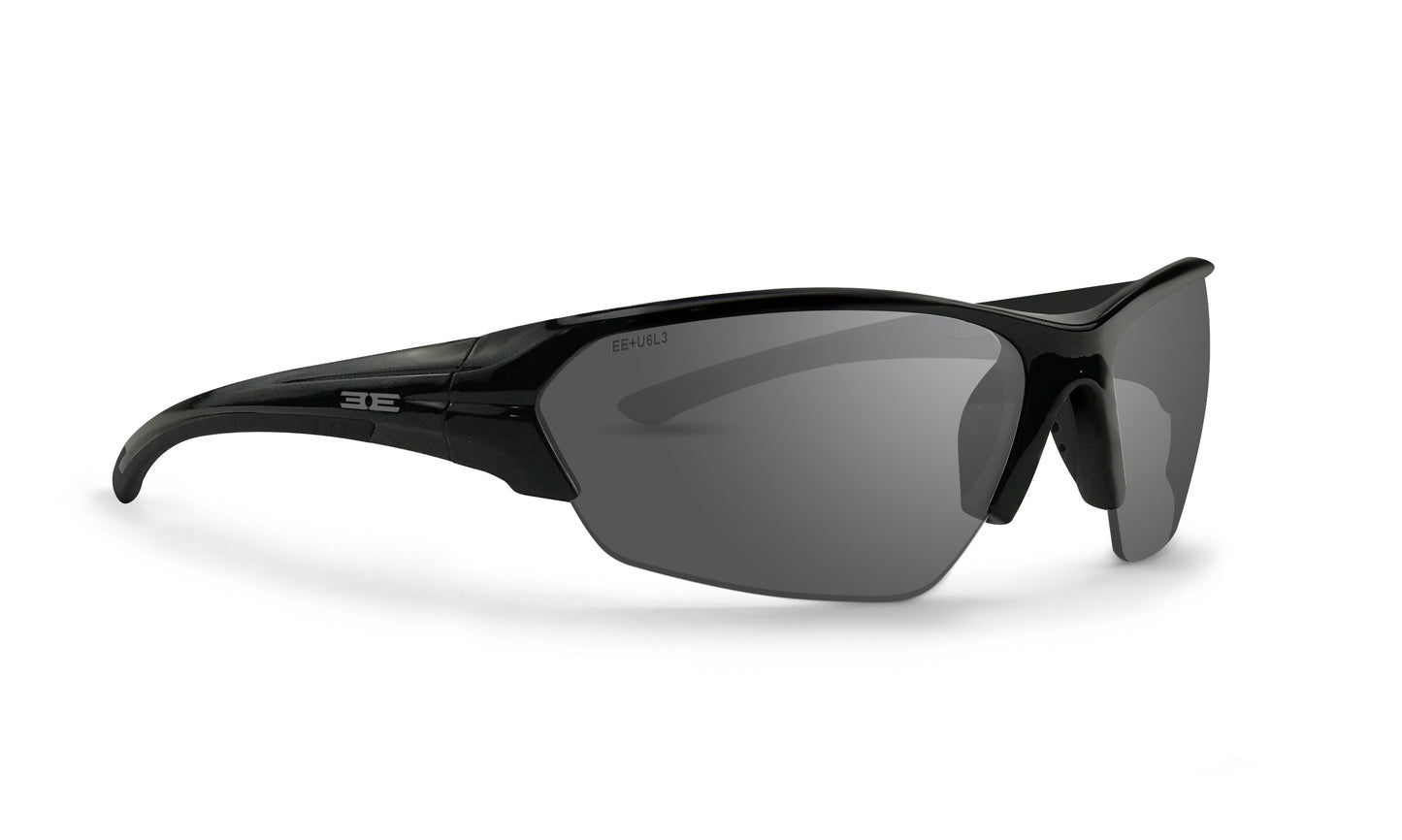 The Epoch Eyewear Wake sunglasses are sleek, black unisex half-frames with semi-rimless dark lenses. Thick curved arms display a white EE logo by the hinges, while the contoured nose bridge ensures a stylish and secure fit.