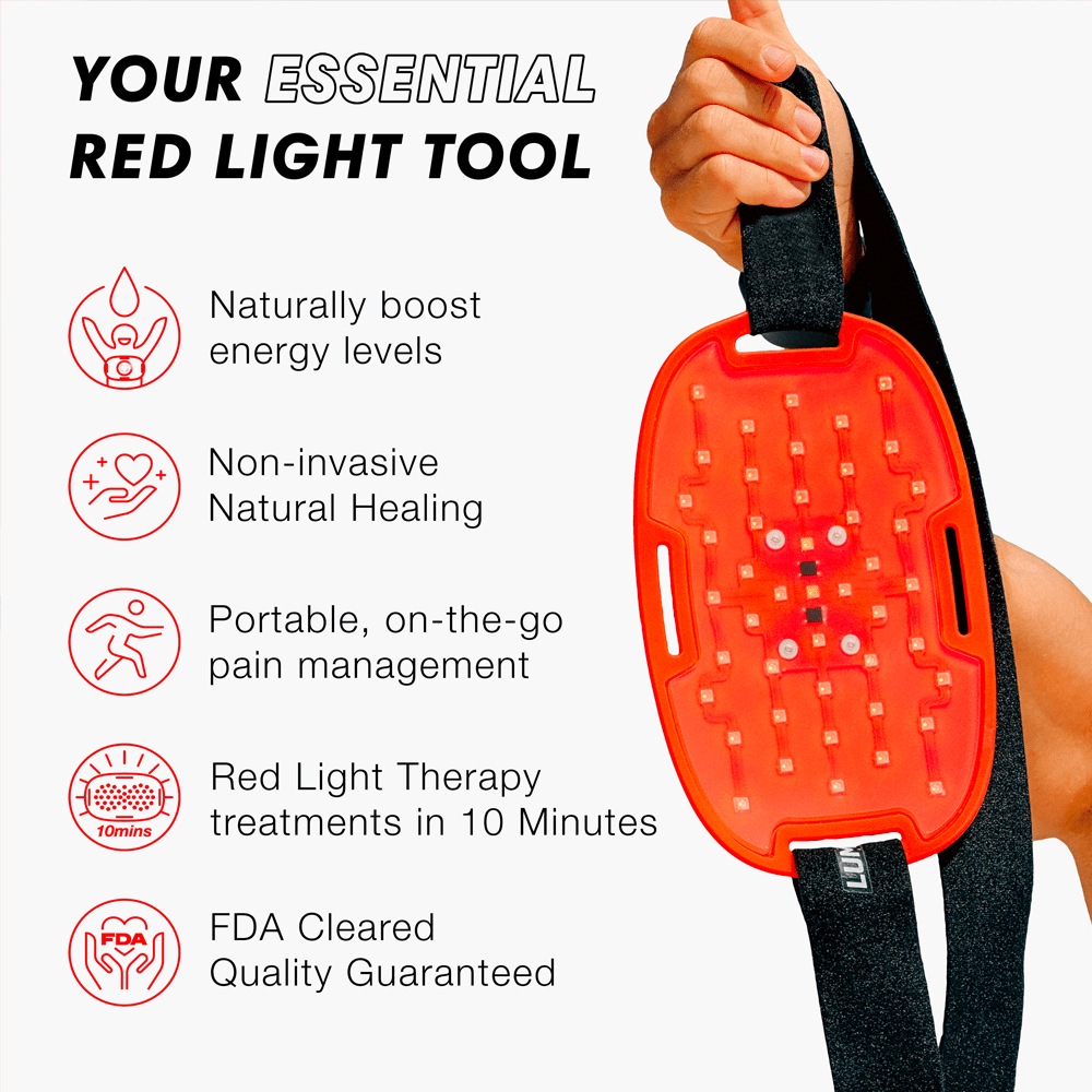 A hand holds the iReliev Essential Red Light and Infrared Therapy Wrap, an FDA-cleared, wearable body wrap. Icons highlight benefits: boosts energy, supports natural healing, portable pain relief, and easy 10-minute sessions.