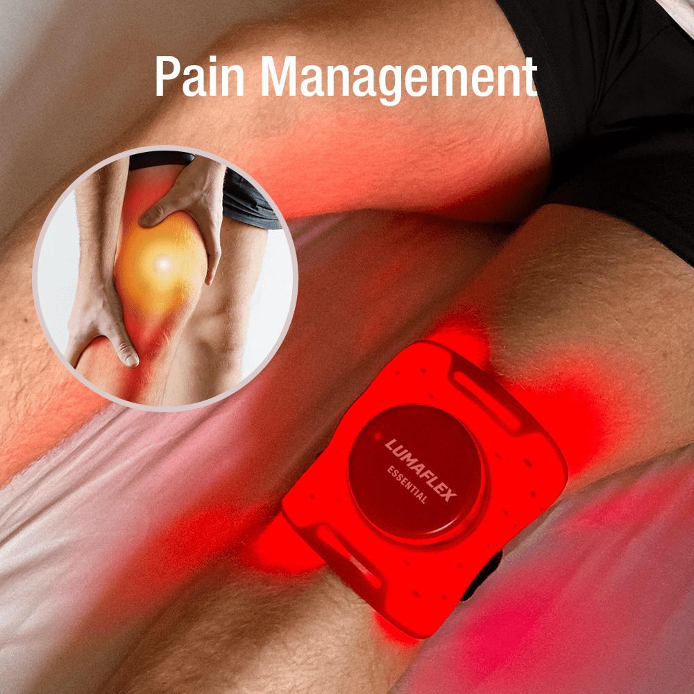 A person’s knee is wrapped with the iReliev Essential Red Light and Infrared Therapy Wrap for pain relief. An inset shows a hand on a glowing knee, while “Pain Management” appears at the top of the image.