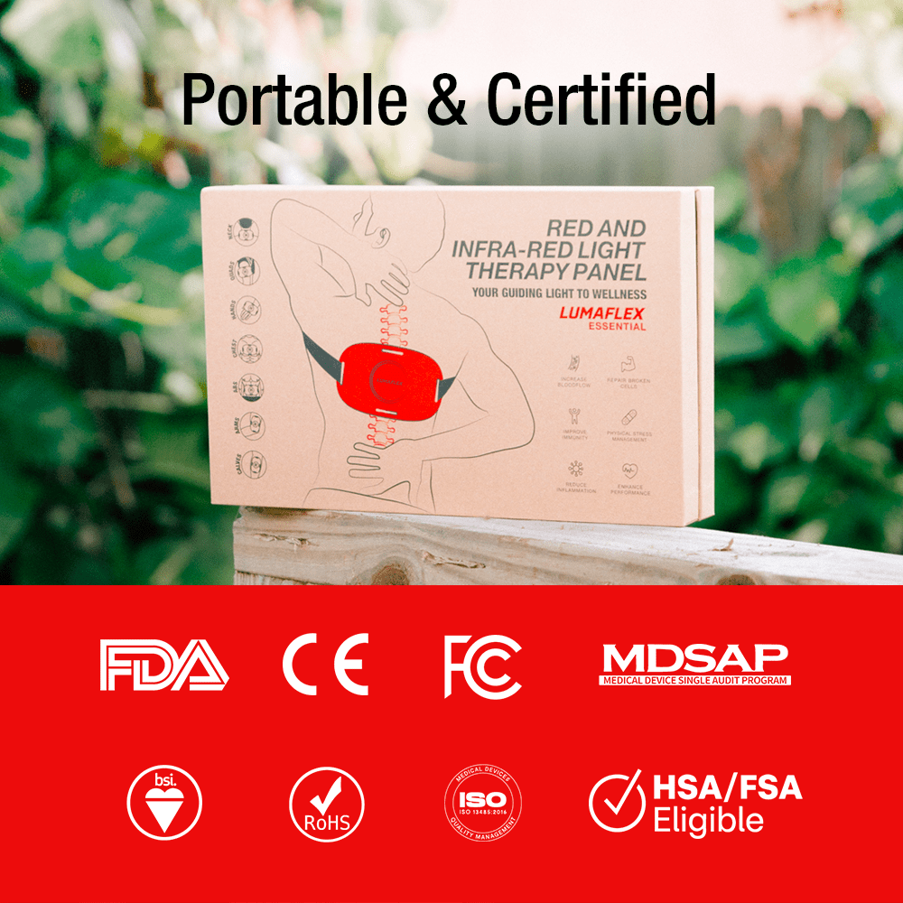 The Essential Red Light and Infrared Therapy Wrap by iReliev is shown outdoors with “Portable & Certified” in black text. Certification logos, including FDA, CE, FCC, and RoHS, appear below on a red background.