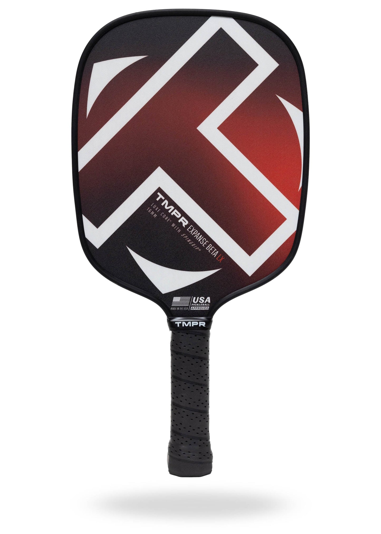 The TMPR Sports Expanse Beta LX is a hybrid pickleball paddle with a large red and white geometric “X” on black, perforated grip tape, and “TMPR CARBON BEAM,” “USA Pickleball Approved,” plus a small flag near the base.