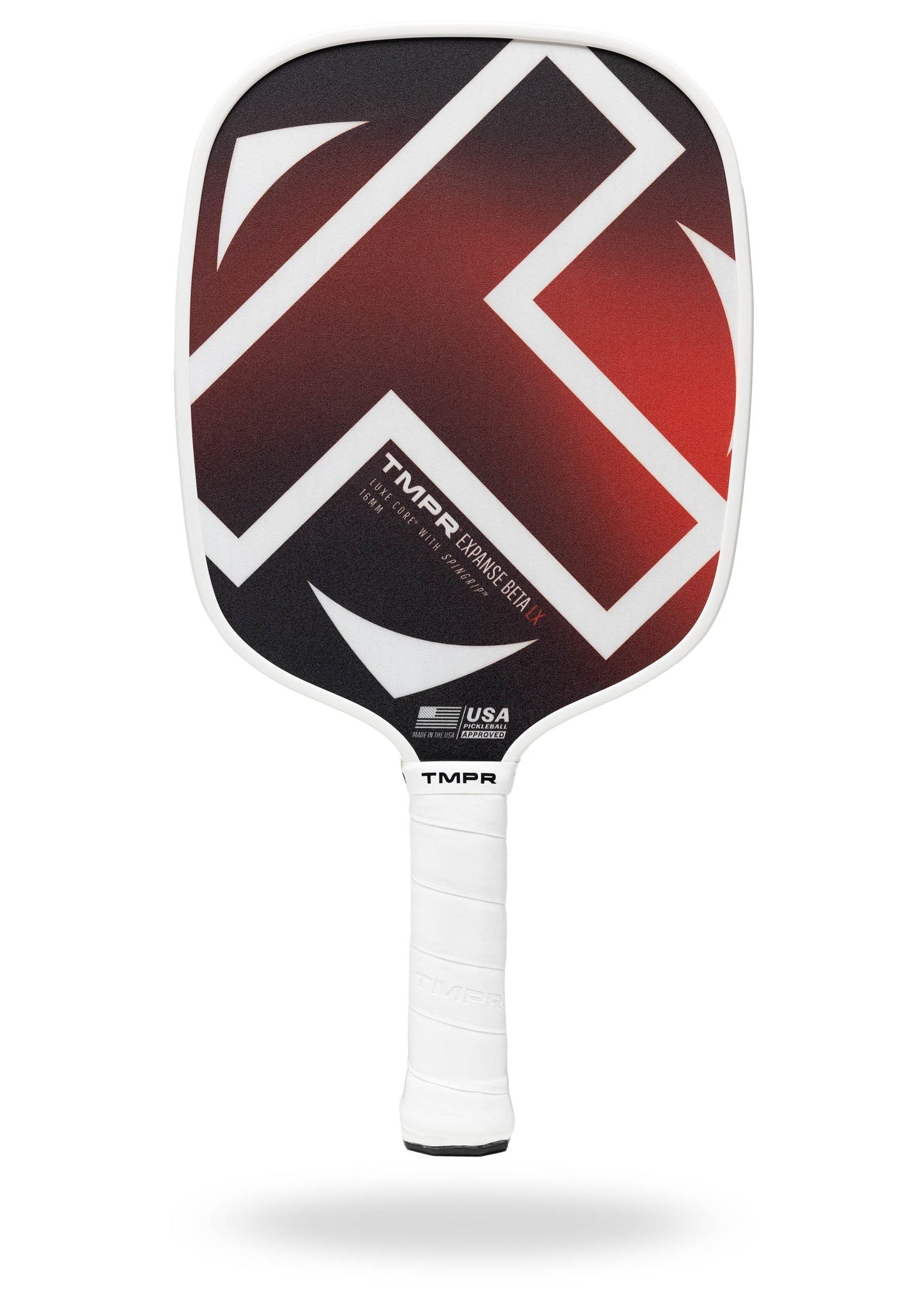 The Expanse Beta LX by TMPR Sports is a hybrid pickleball paddle with a white handle and bold geometric red, black, and white design, Renaissance Series text, USA Pickleball Approved logo near the throat, and a fiberglass face for power spin.