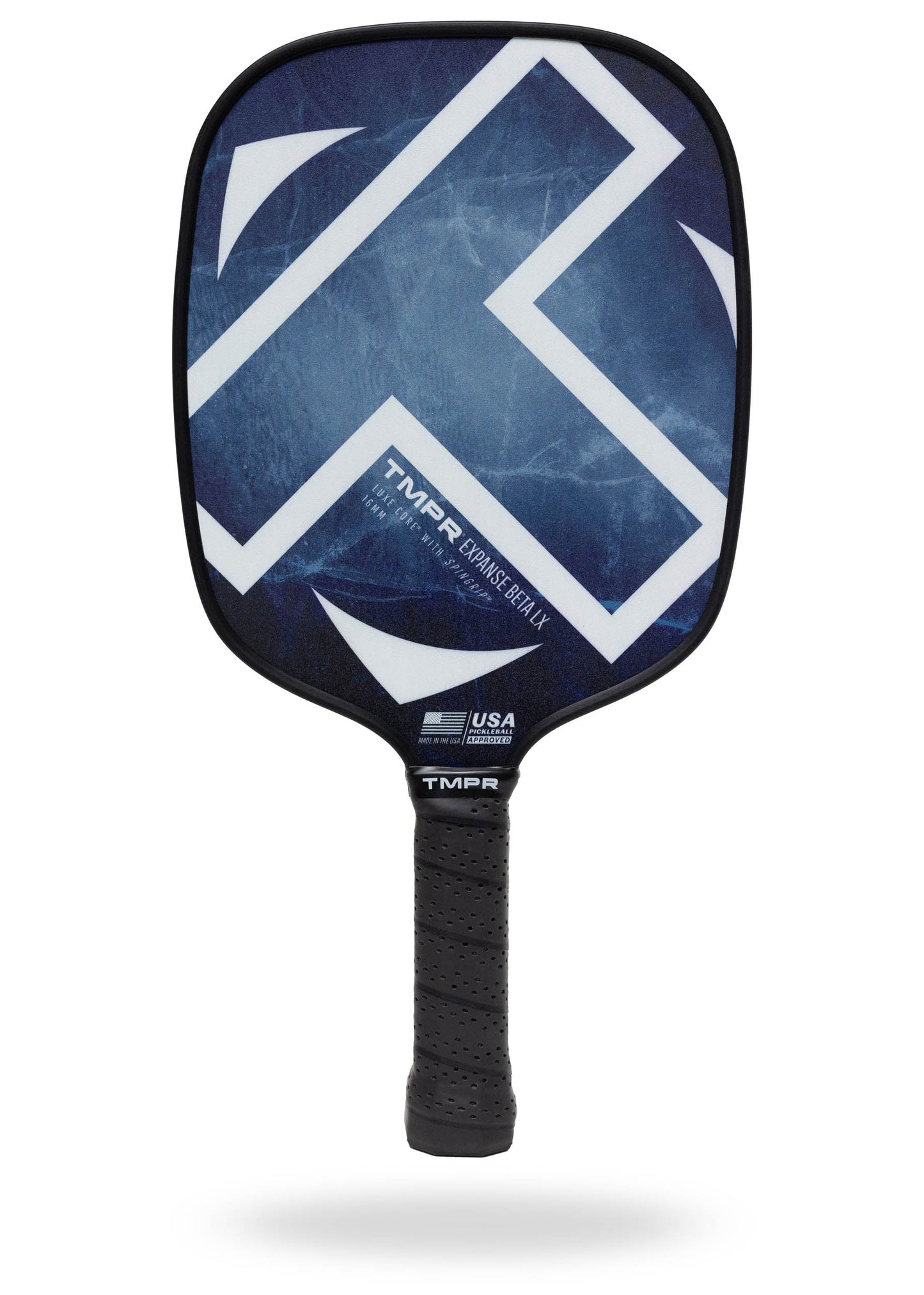 The TMPR Sports Expanse Beta LX | Indigo Ice paddle features a blue and black design with bold white geometric accents, “TMPR” branding, SPINGRIP surface for power and spin, a black grip handle, and is USA Pickleball Approved.