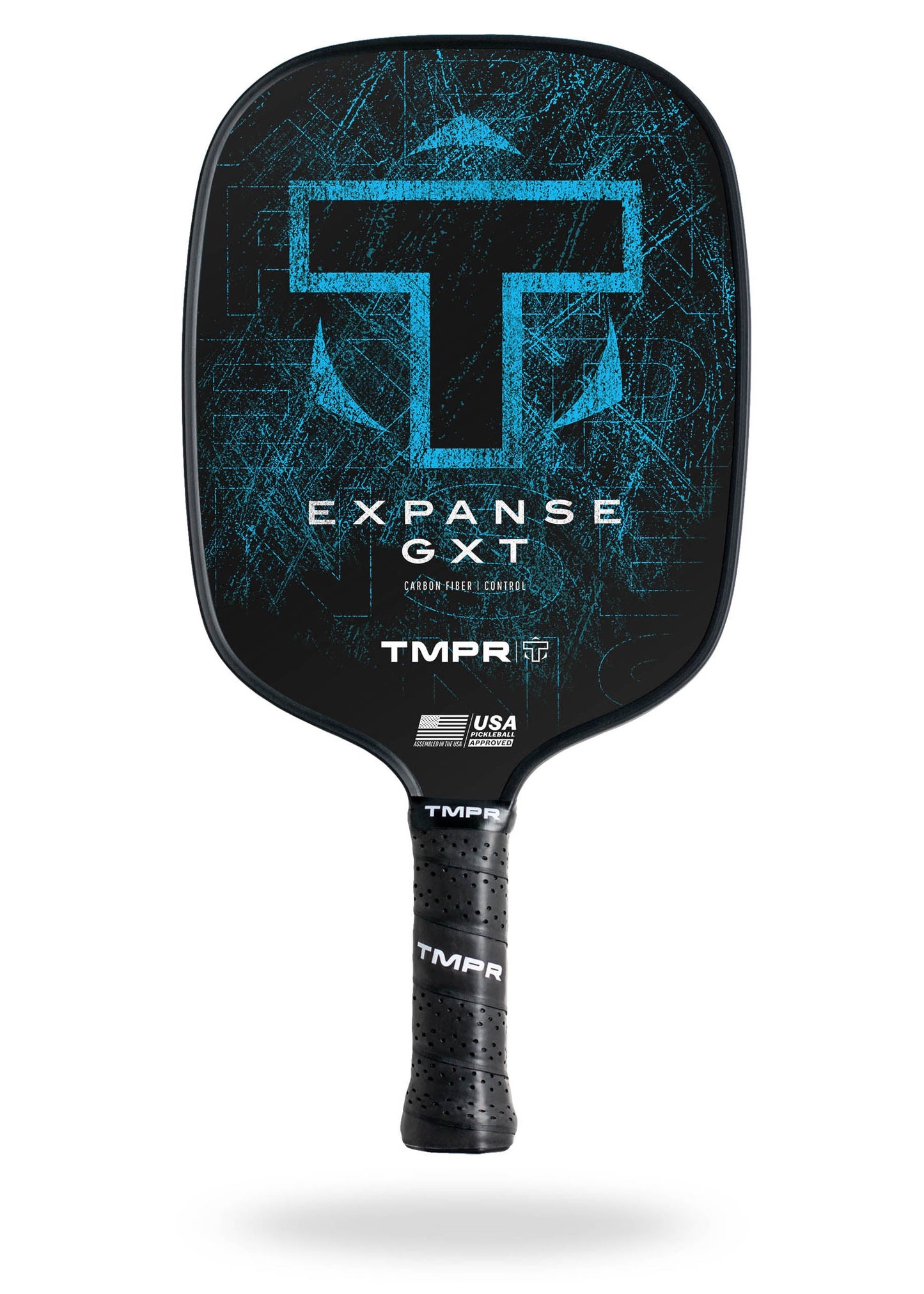The Expanse GXT by TMPR Sports is a black pickleball paddle with a blue abstract "T" design, carbon fiber face, and white TMPR grip branding. Its widebody design is USA Pickleball certified for control and performance.