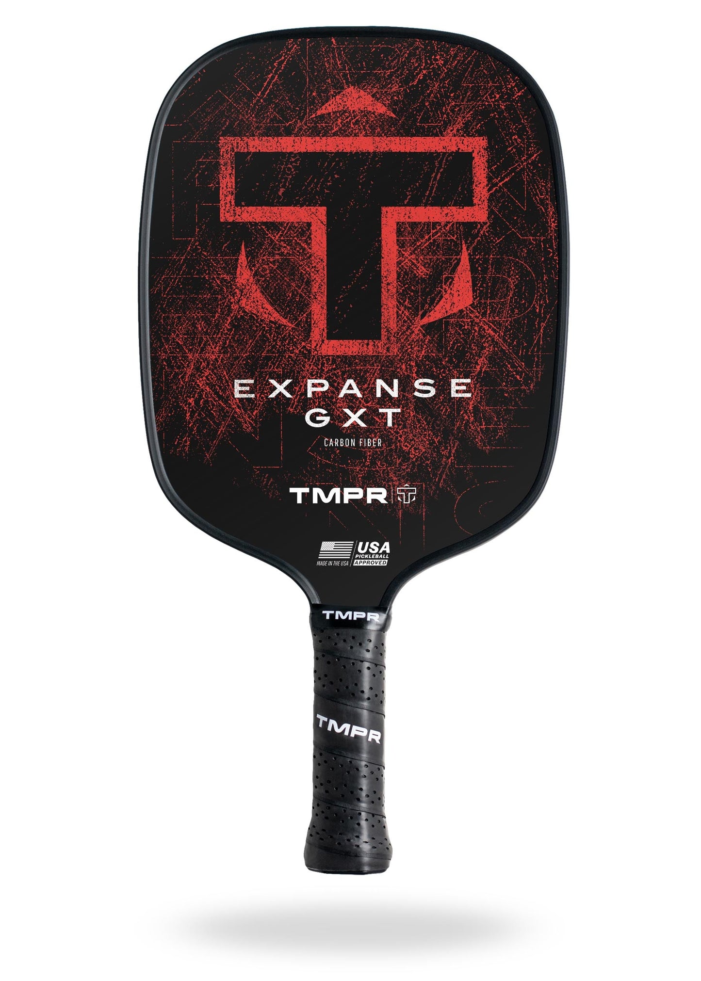 The Expanse GXT by TMPR Sports is a black carbon fiber pickleball paddle featuring a large red T, scratch mark design, black perforated grip, TMPR branding above the handle, and the USA Pickleball Approved logo.