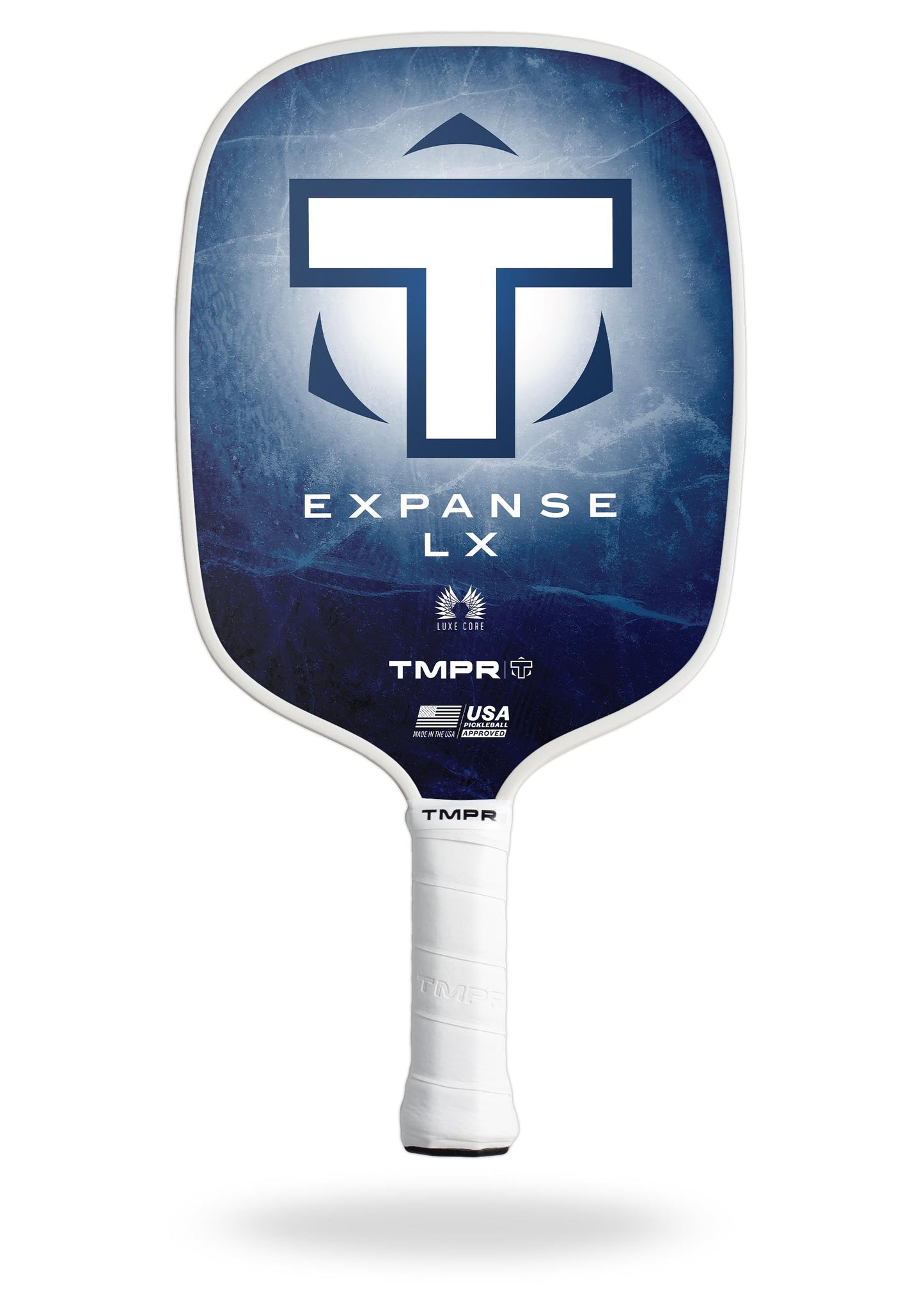The Expanse LX | Indigo Ice paddle by TMPR Sports features a wide-body blue and white design with a large white T logo, EXPANSE LX text, TMPR and USA Pickleball logos, a white grip handle, and a plain white background.