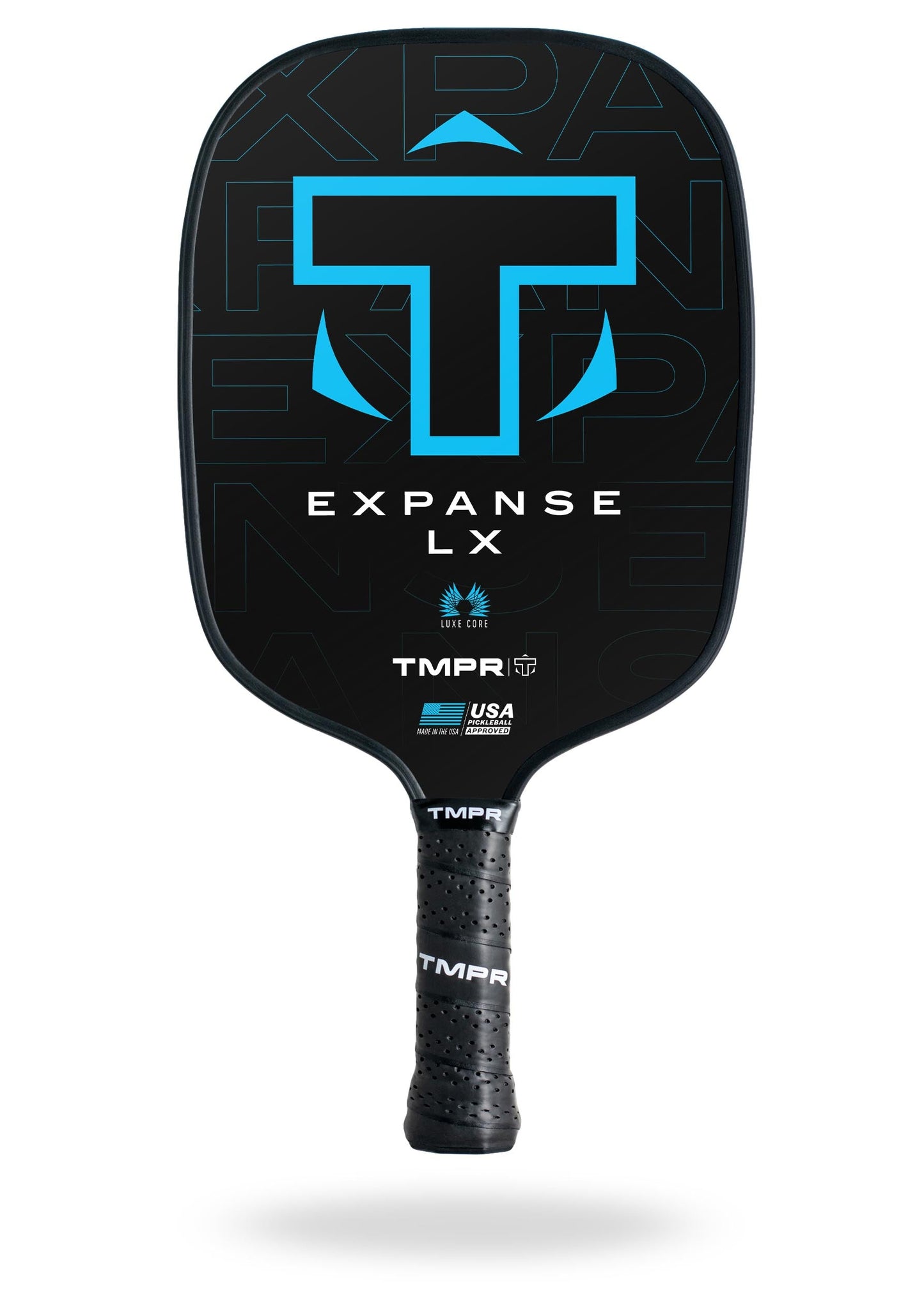 The TMPR Sports Expanse LX is a black widebody pickleball paddle with a blue T logo, EXPANSE LX in white, fiberglass face, honeycomb polypropylene core, textured black grip tape, and TMPR/USA Pickleball logos by the handle.