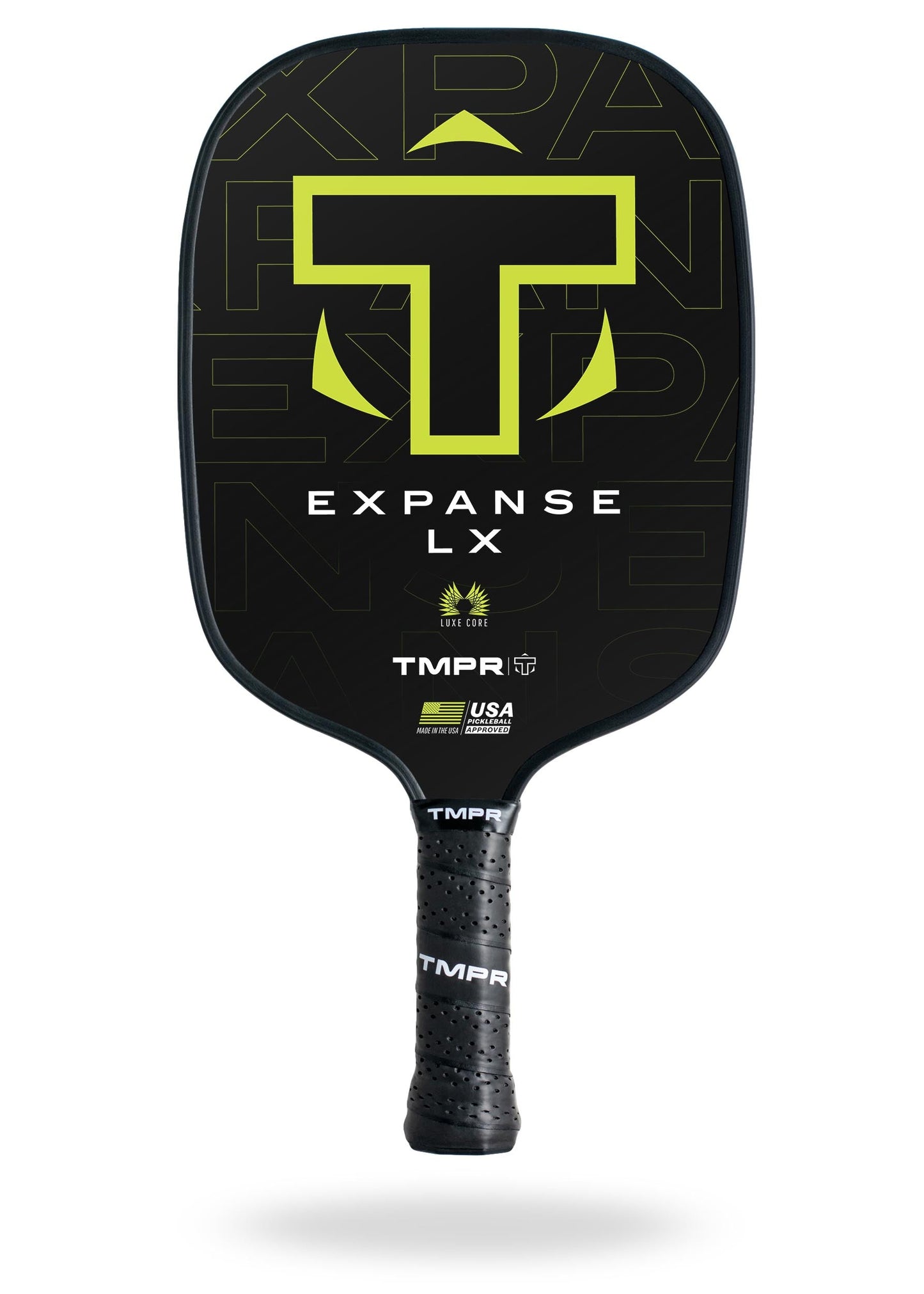 The Expanse LX by TMPR Sports is a black widebody paddle with a large lime green "T" logo on its fiberglass face, "EXPANSE LX" and brand logos below, a textured grip handle, and a honeycomb polypropylene core.