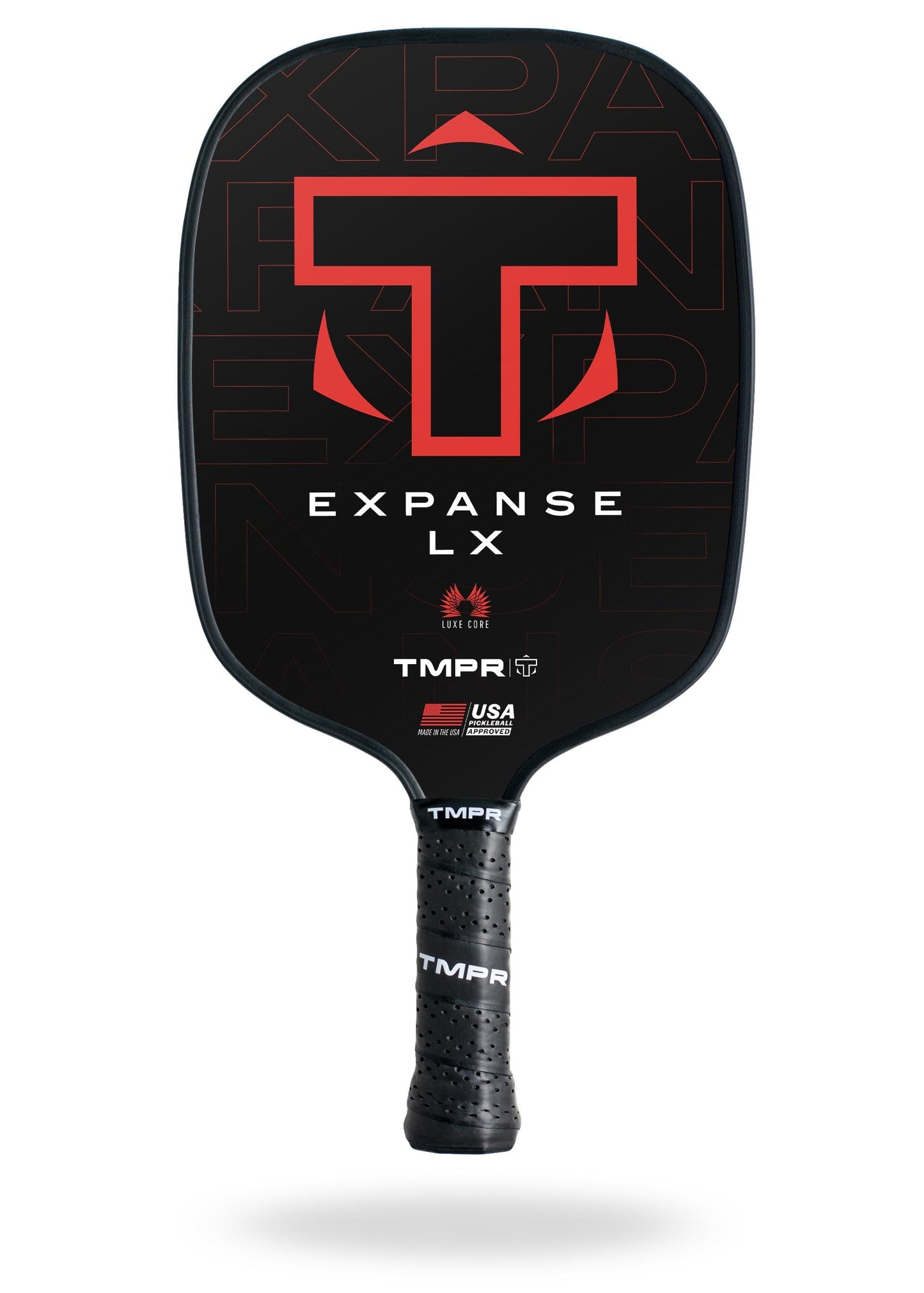 The TMPR Sports Expanse LX widebody paddle is black with a red “T” logo, “EXPANSE LX,” and a textured black grip. Its face displays “TMPR,” “USA Pickleball Approved,” and features a Luxe Core honeycomb polypropylene core for durability.