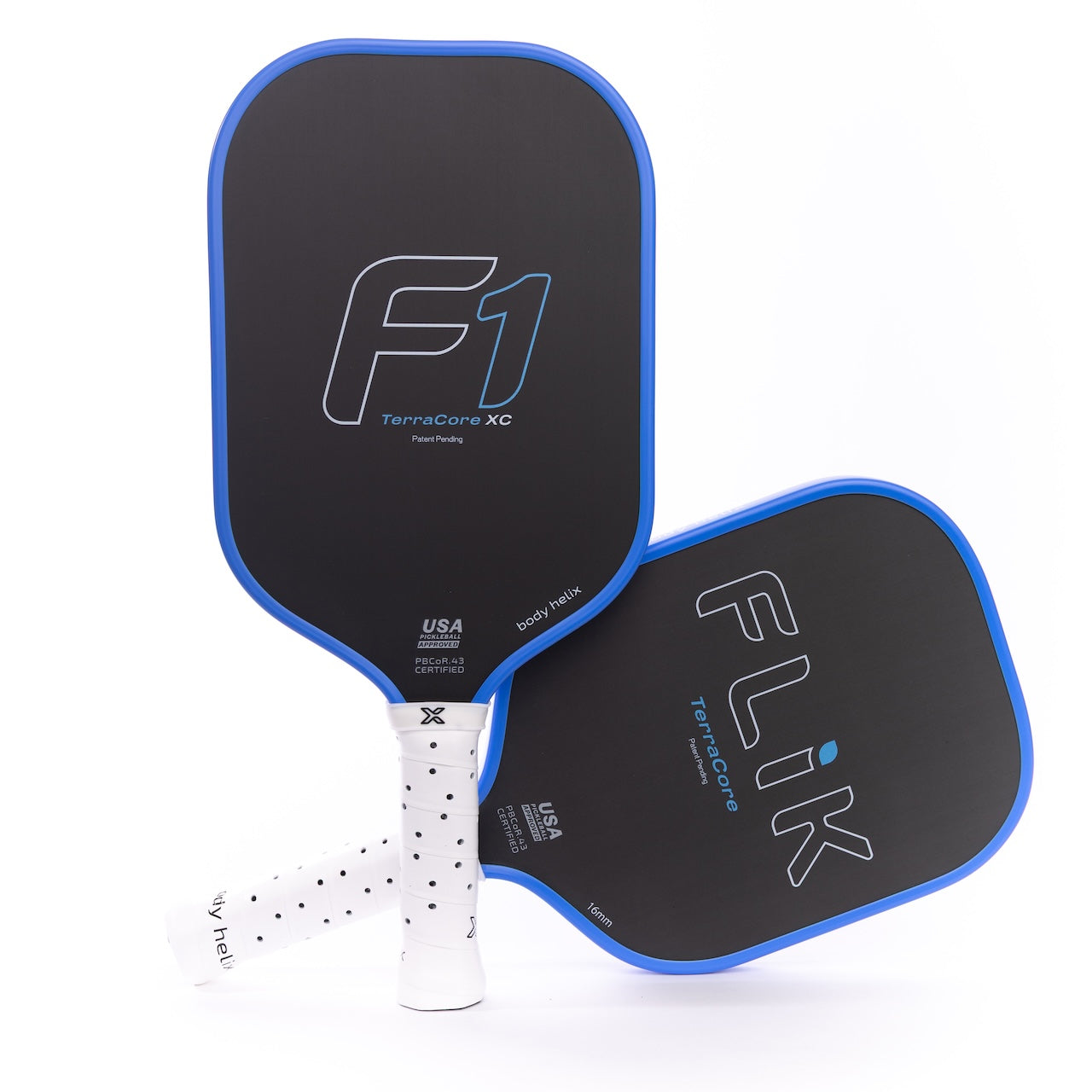 Two modern body helix FLiK F1 Elongated Pickleball Paddles—both USAP approved—feature black faces, blue edges, white grips with black dots, and branding near the handles. One stands upright; the other leans diagonally.