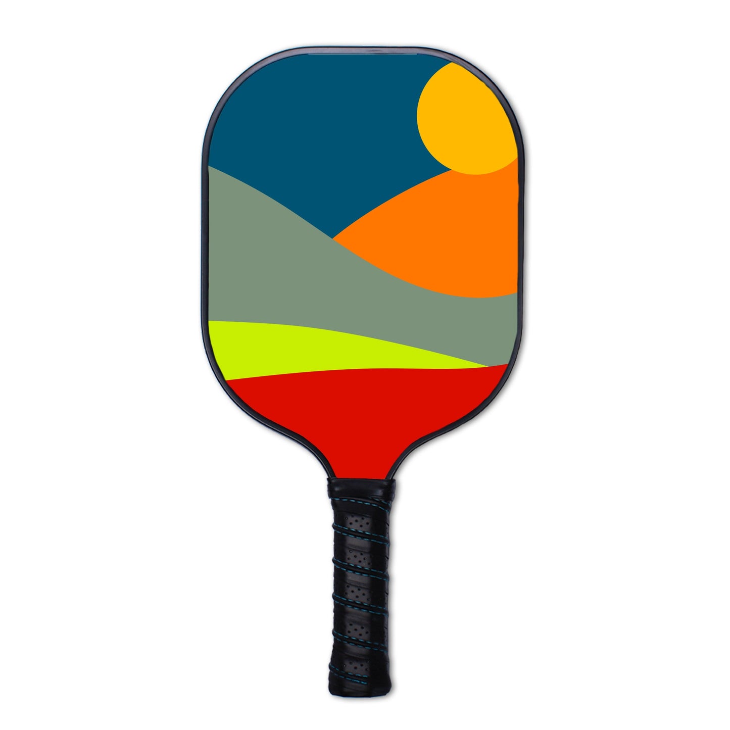 The Swinton Pickleball Eclipse Sunset Paddle, USA Pickleball Approved, features a black handle and a textured graphite face with an abstract landscape of blue, orange, gray, lime green, and red hills beneath a bright yellow sun.