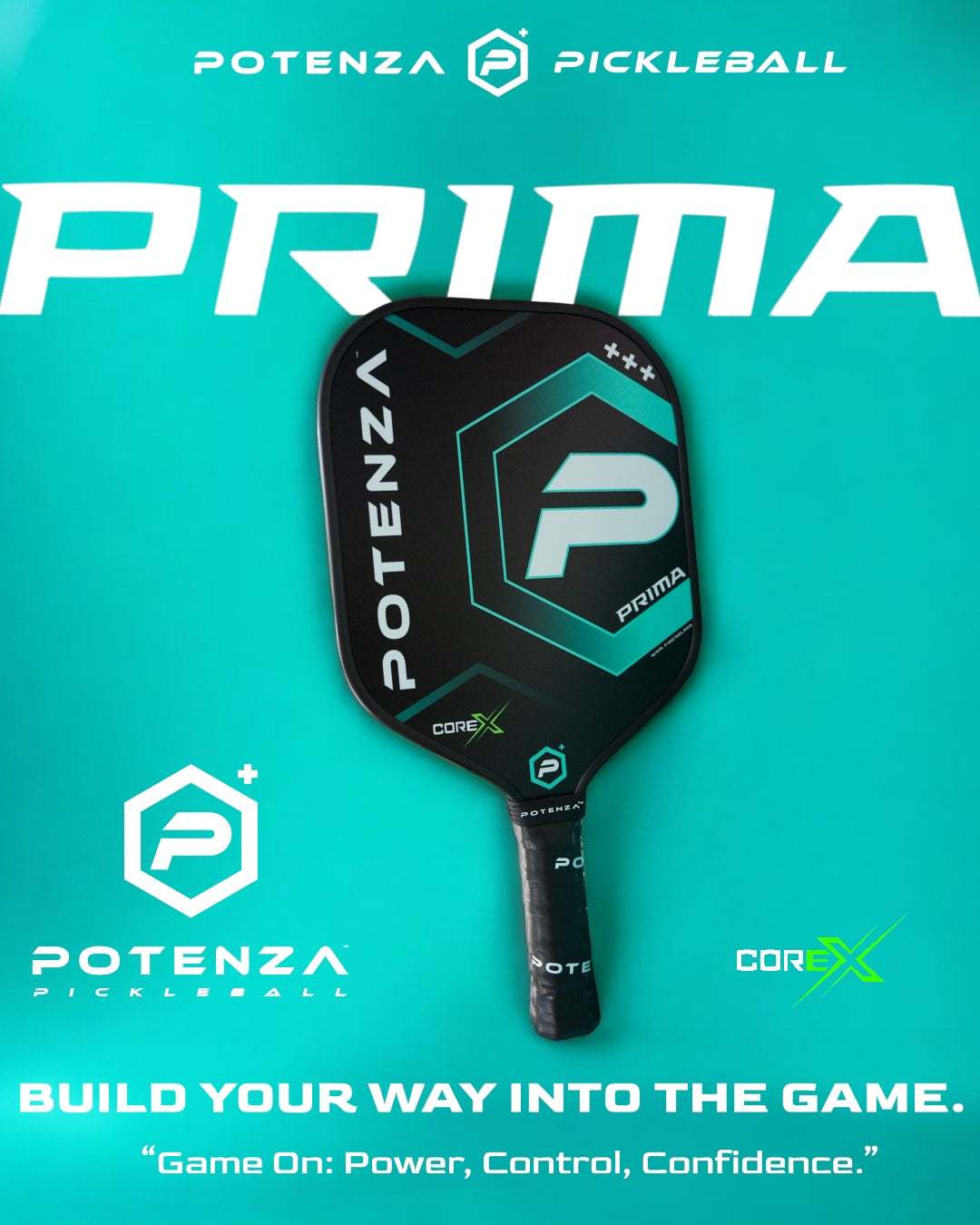 The Potenza Pickleball PRIMA COREx paddle is shown on a blue background, highlighting its advanced COREx technology.