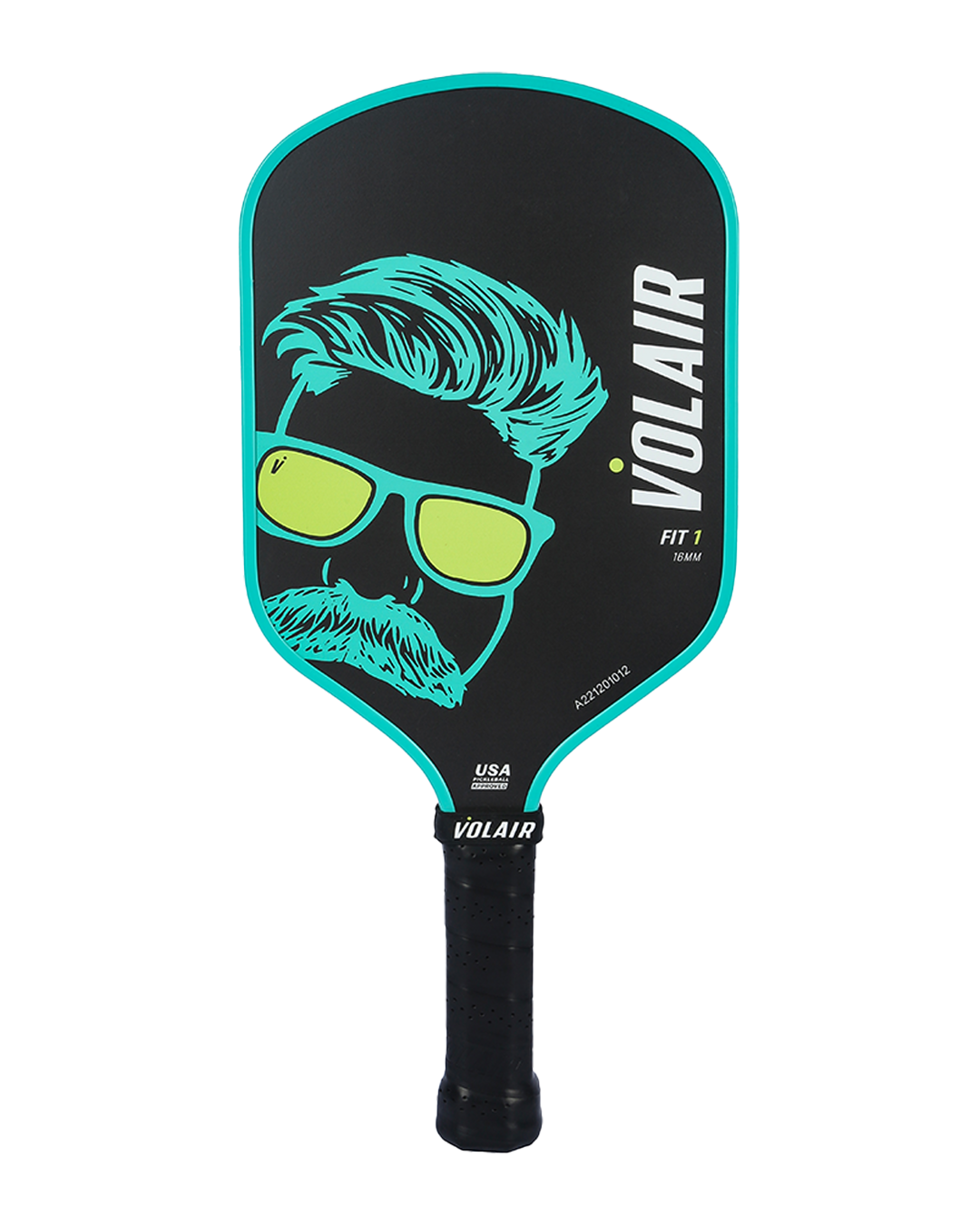 The Volair Pickleball Fit 1 16mm Limited Edition Paddle is black with teal trim, featuring a graphic of a man's teal hair, mustache, yellow sunglasses, bold white VOLAIR branding, black grip handle, and is USAP-approved for competition.