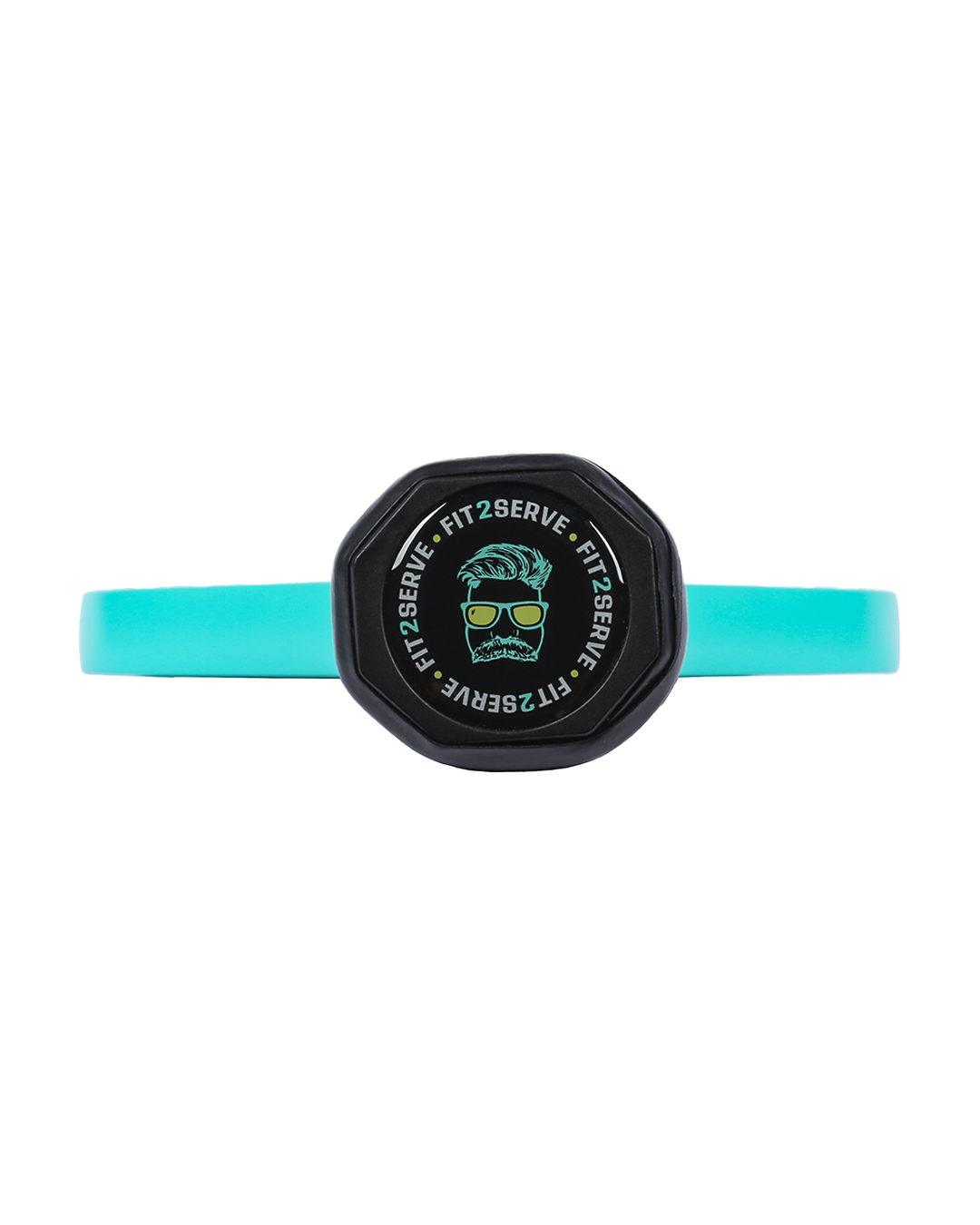 A turquoise silicone wristband with a black octagonal centerpiece shows a stylized face and FIT2SERVE—ideal for fans or collectors of the Volair Pickleball Fit 1 16mm Limited Edition Paddle.