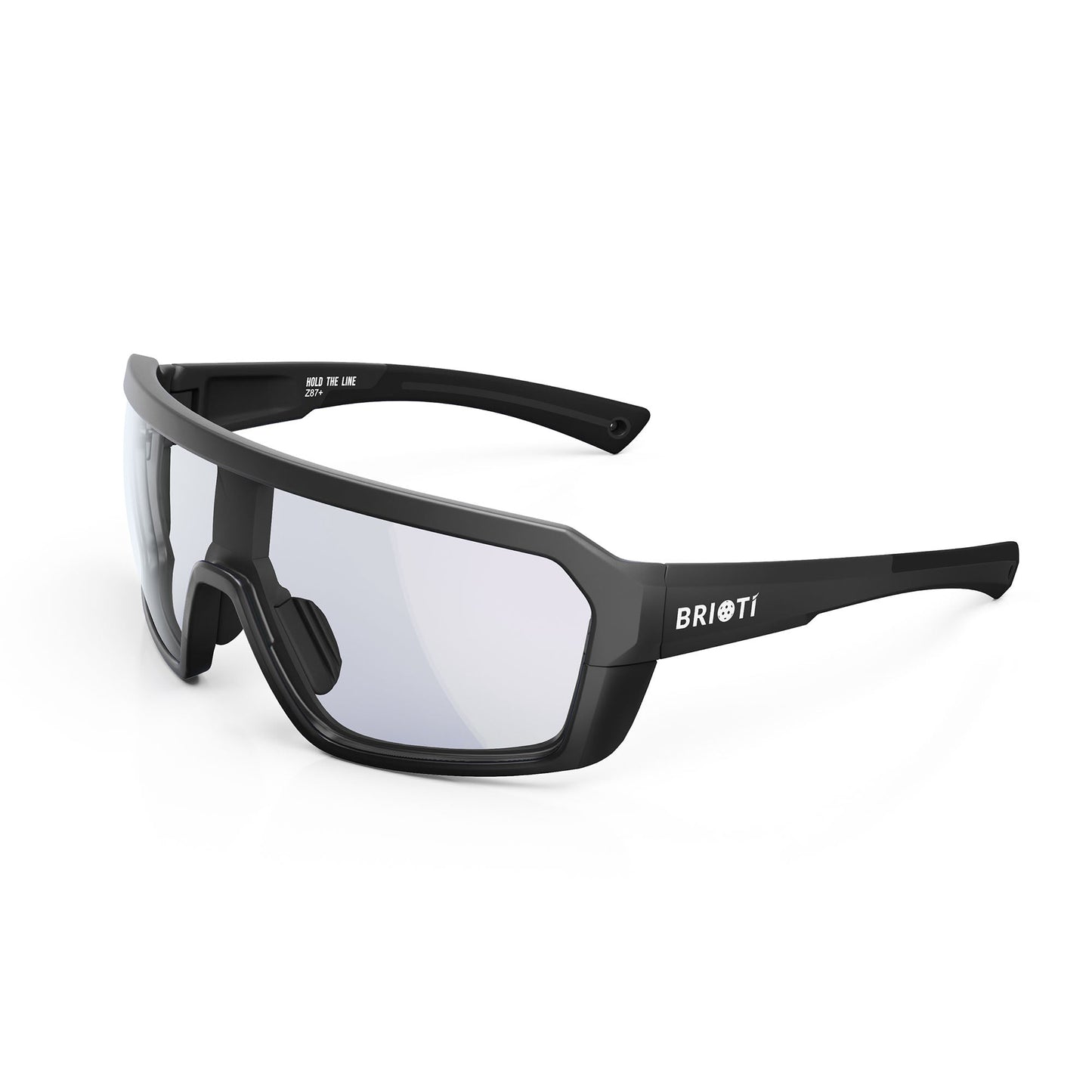 BRIOTI FOCOS Pickleball Eyewear: Rectangular, wraparound black sunglasses with thick frames and light-tinted, color-boosting reflective lenses. "BRIOTI" in white on the left temple. Designed for comfort, secure fit, and top impact protection.