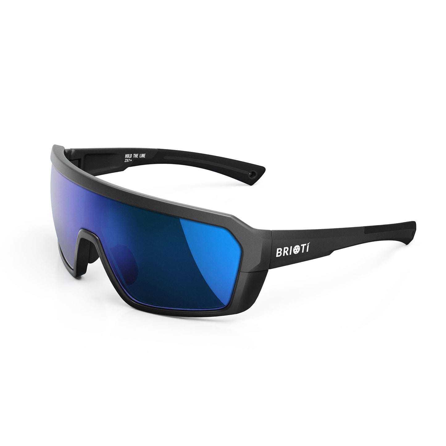 The BRIOTI FOCOS Pickleball Eyewear features a wide blue mirrored lens, matte black wraparound frame, and angular arms for impact protection—ideal sporty sunglasses for outdoor activities with a modern style.