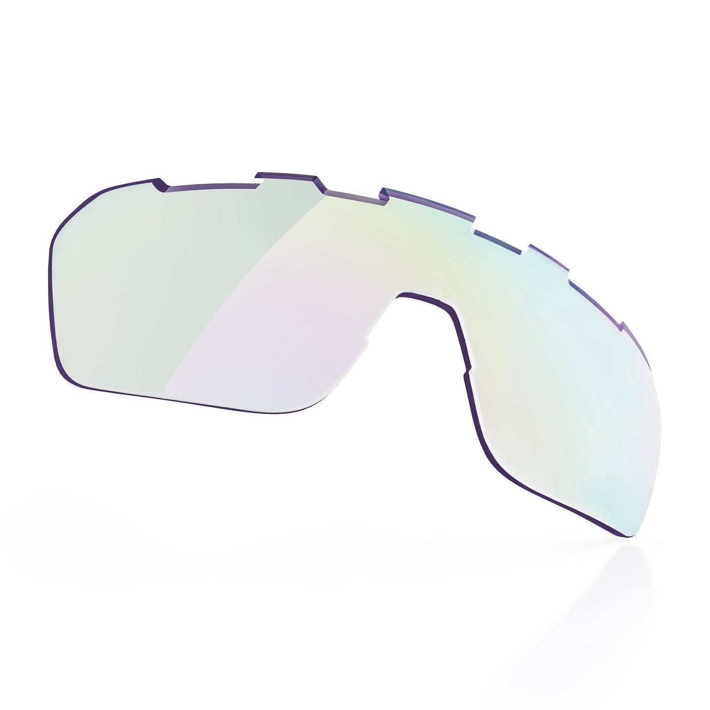 The Brioti FOCOS Additional Lens by BRIOTI is a single, rimless, reflective lens for pickleball eyewear featuring an angular wraparound design, notched top edge, and a subtle iridescent green-purple tint. Shown on a white background.