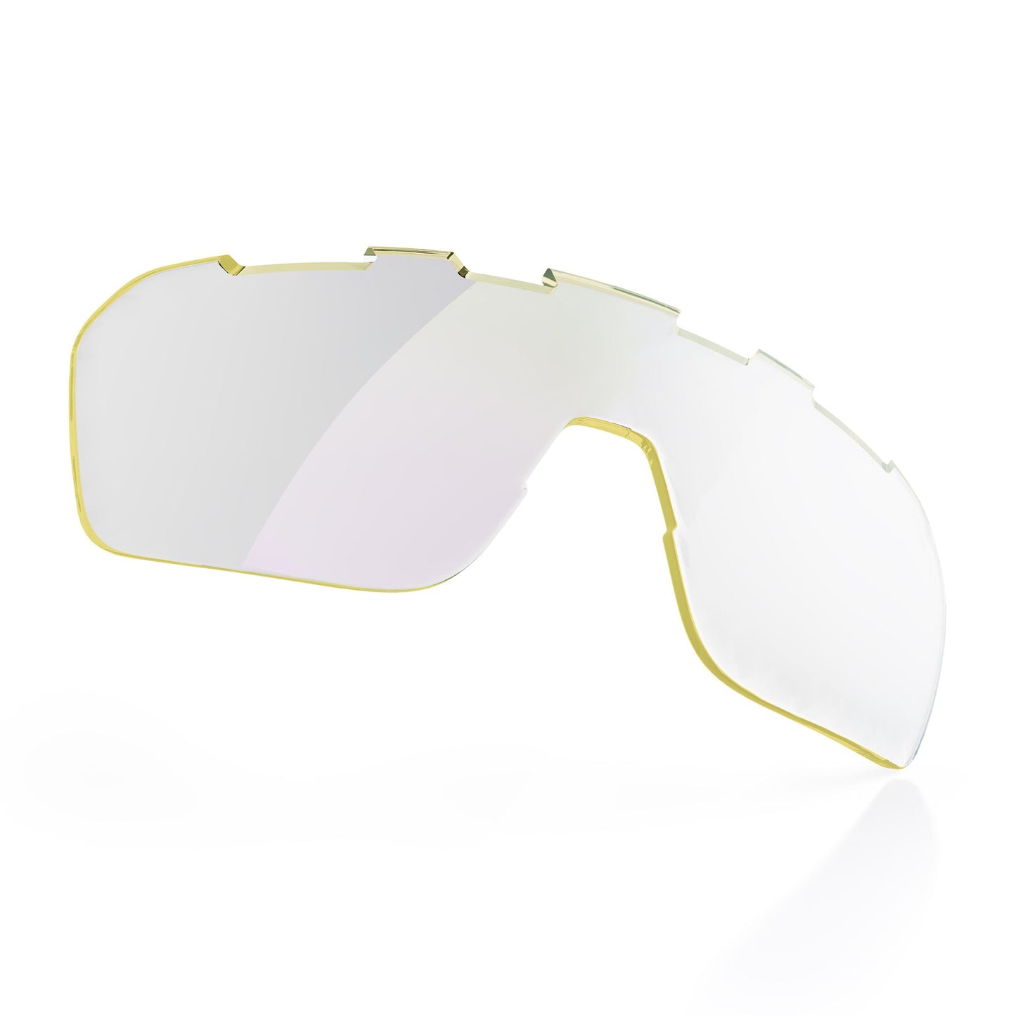 The BRIOTI FOCOS Additional Lens is a single mirrored lens with a light yellow outline and jagged top edge. Its curved, frameless design and anti-fog coating make it ideal for sports eyewear, ensuring clear vision during intense play.