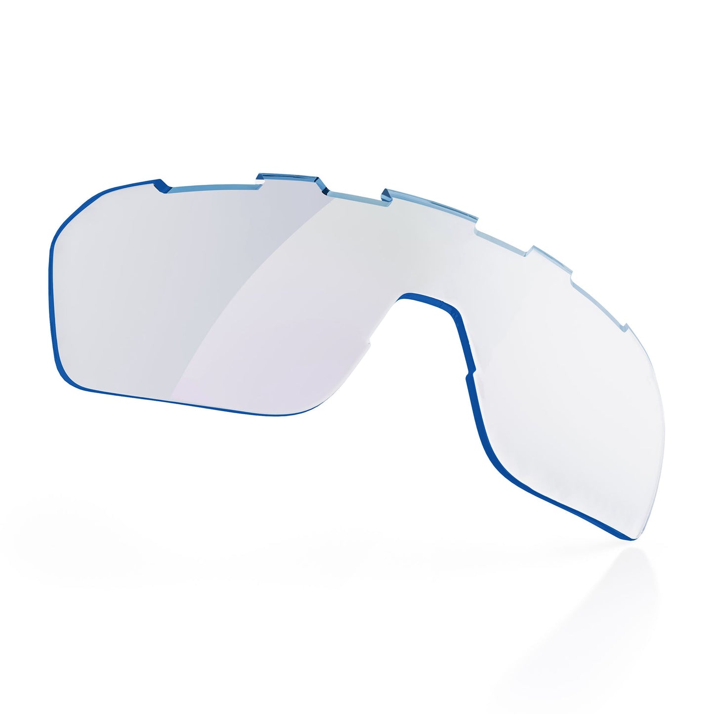 The BRIOTI FOCOS | Additional Lens is a single oversized, frameless lens with a light blue tint and jagged upper edges, featuring anti-fog coating and a curved design for pickleball; covers both eyes and nose bridge. Isolated on white background.