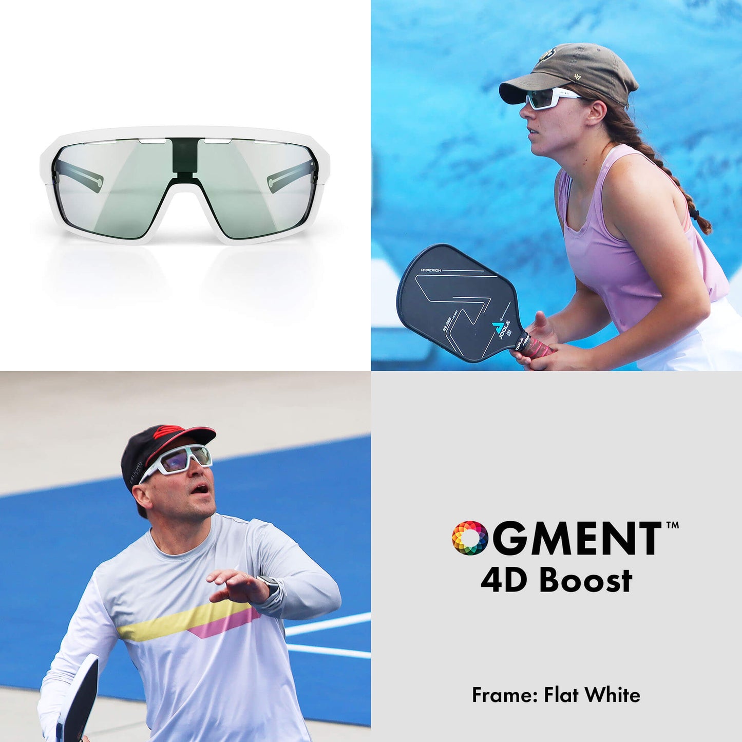 A collage: top left shows BRIOTI FOCOS pickleball eyewear in white; top right, a woman plays in the glasses; bottom left, a man in cap and sunglasses hits a ball; bottom right features OGMENT 4D Boost and “Frame: Flat White.”.