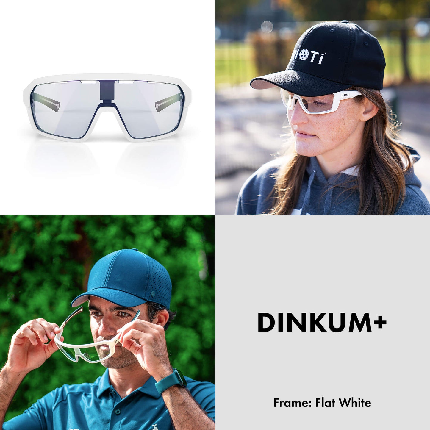A collage shows: top left, white Brioti FOCOS | Pickleball Eyewear by BRIOTI; top right, a woman wearing them and a black cap outdoors; bottom left, a man adjusting them with a blue cap; bottom right, DINKUM+ Frame: Flat White text on light gray.