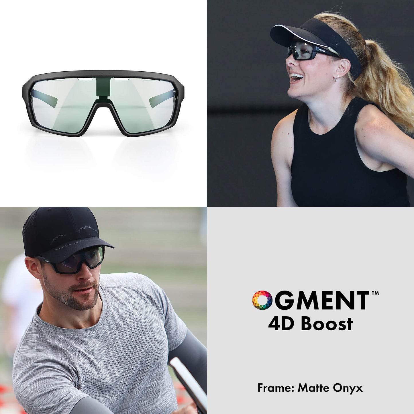 Split image: Top left, close-up of BRIOTI FOCOS | Pickleball Eyewear with color-boosting lenses; top right, smiling woman playing tennis in BRIOTI shades; bottom left, man rowing in FOCOS eyewear; bottom right, OGMENT 4D Boost logo and “Frame: Matte Onyx”.