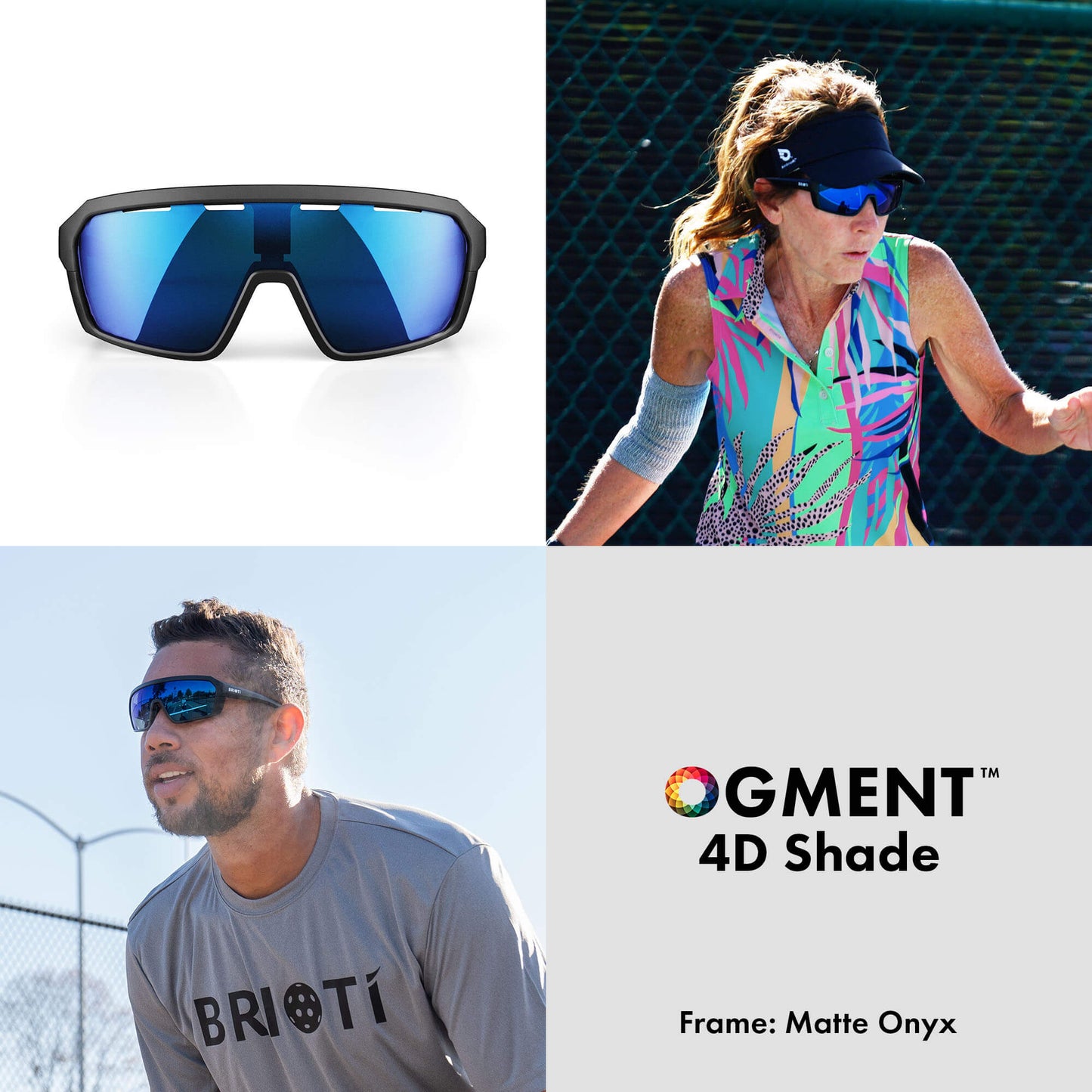 A collage showcases Brioti FOCOS | Pickleball Eyewear by BRIOTI with color-boosting lenses and Matte Onyx frame. Top right: woman playing pickleball, highlighting their on-court appeal. Other shots emphasize branding and impact protection.