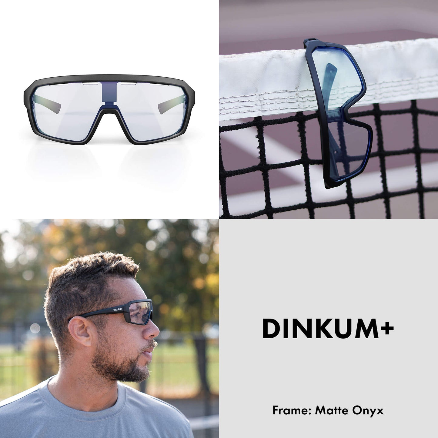 A collage features BRIOTI’s Brioti FOCOS | Pickleball Eyewear in sporty matte onyx: top left, front view; top right, hanging on a tennis net; bottom left, worn outdoors; bottom right shows “Brioti FOCOS | Matte Onyx” on gray.