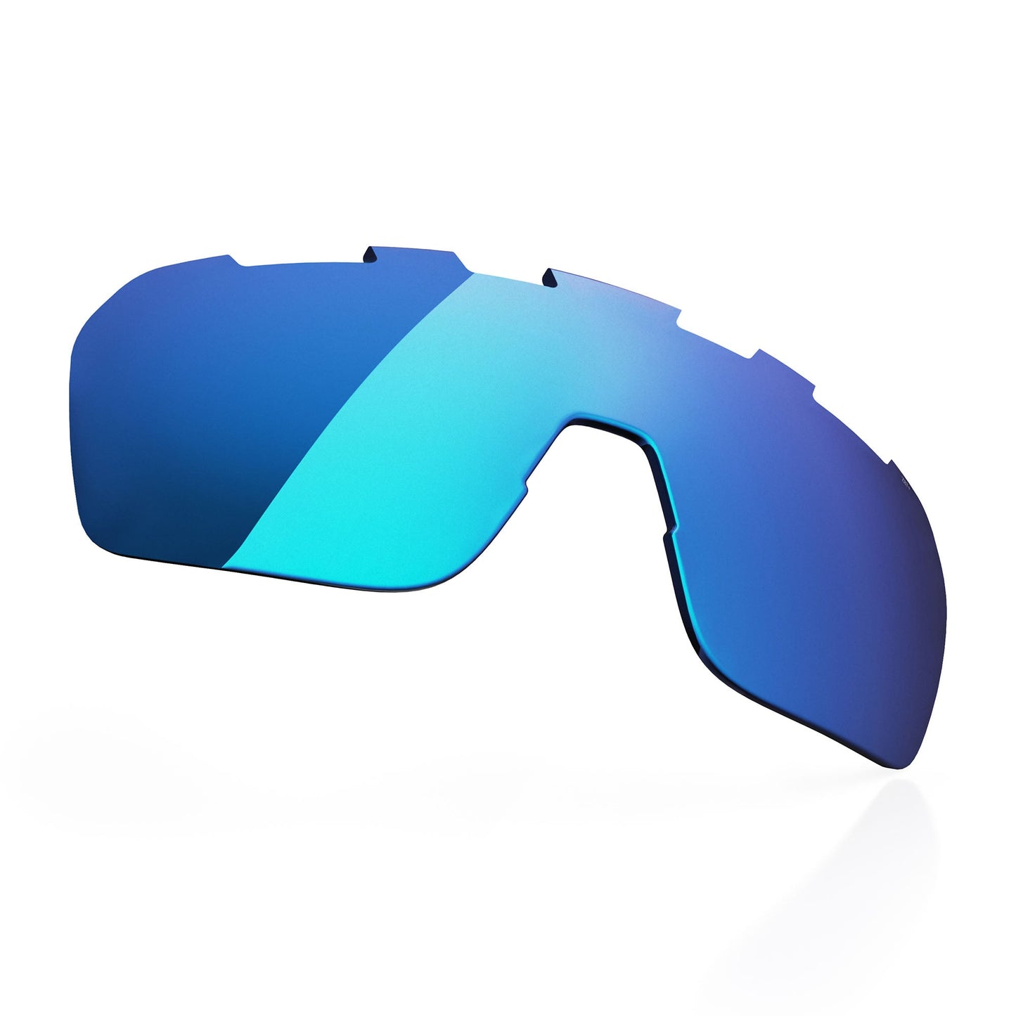 The BRIOTI FOCOS Additional Lens is a single, blue mirrored pickleball eyewear lens with a curved wraparound design and notches along the top edge. Its color-boosting lens reflects blue and teal gradients. No frame or arms are visible.