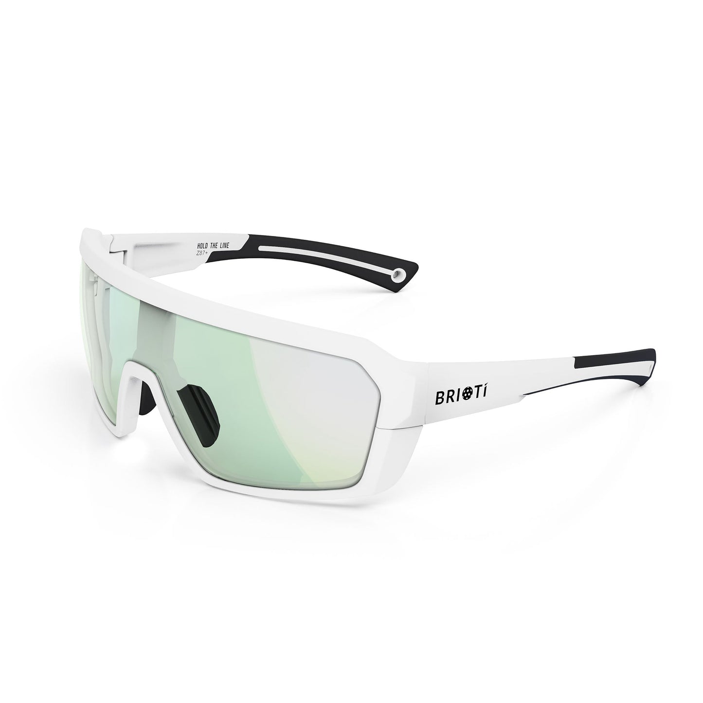 The Brioti FOCOS Pickleball Eyewear by BRIOTI features sporty white frames, wide color-boosting mirrored lenses, black arm accents, and a wraparound design for impact protection—offering modern style and ideal coverage on the court.