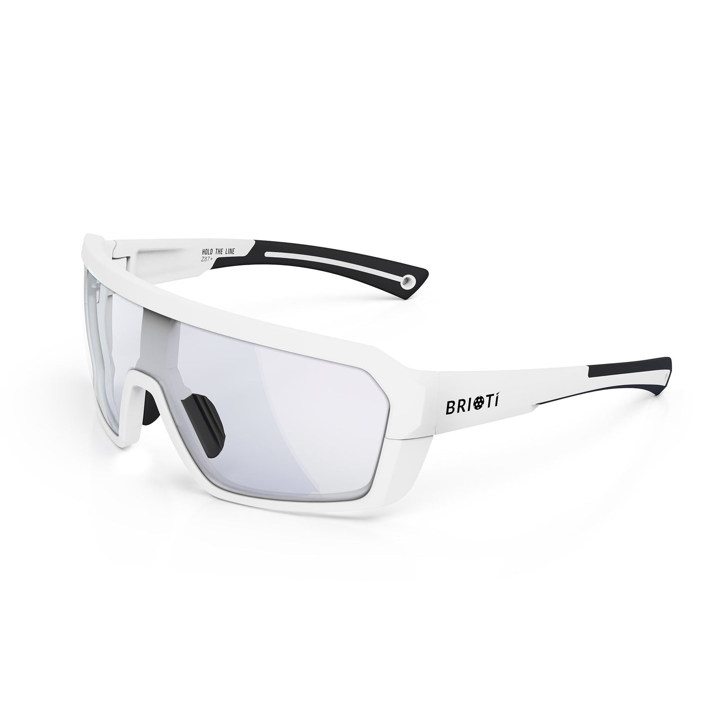The Brioti FOCOS by BRIOTI are sporty, oversized white sunglasses with mirrored rectangular lenses and black accents. Designed for pickleball, they feature impact protection, color-boosting optics, and black nose pads for comfort.