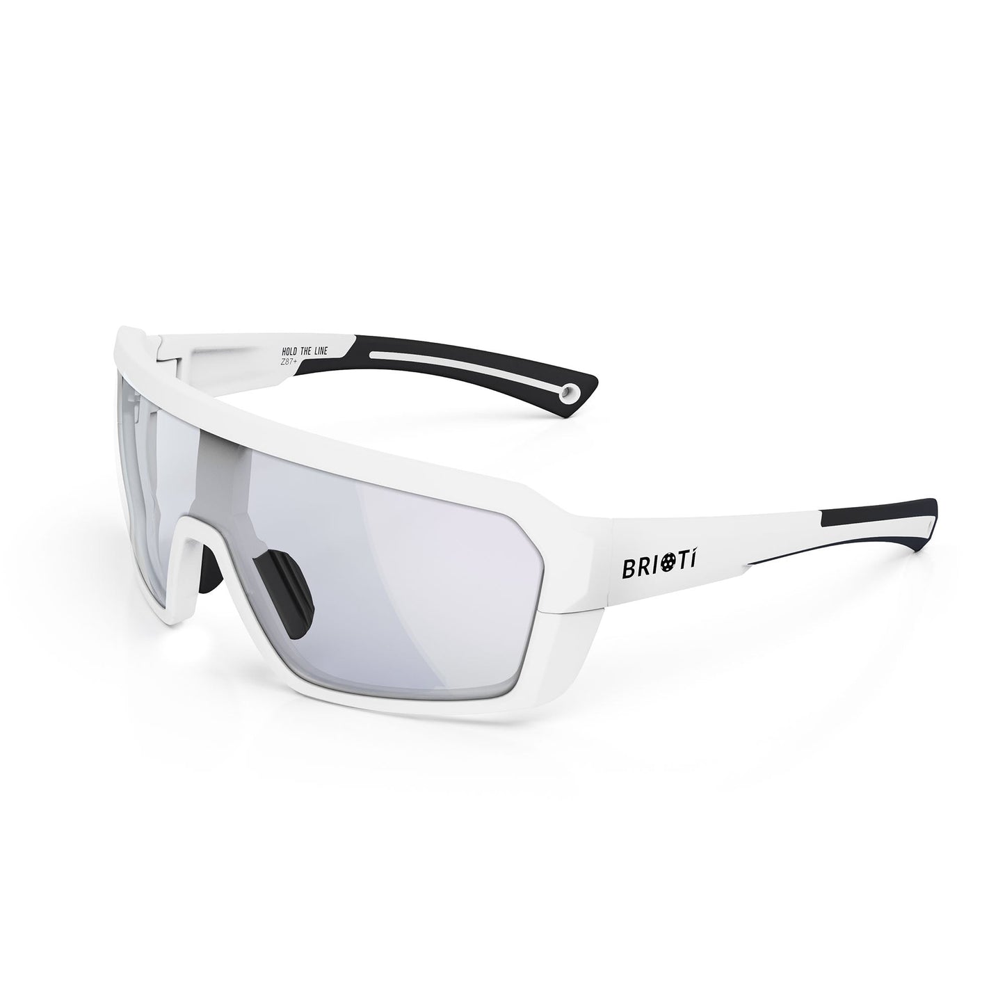 BRIOTI FOCOS Pickleball Eyewear features thick white frames, mirrored color-boosting lenses, and black-accented temples with the BRIOti logo. This modern, angular design offers impact protection and versatile style on the court.