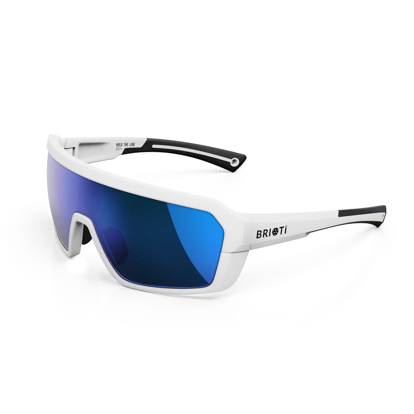 BRIOTI FOCOS Pickleball Eyewear features a white frame, black-accented arms, blue mirrored wraparound lenses, and angular design for impact protection. "BRIOTI" is printed on the left arm—ideal for athletic performance.