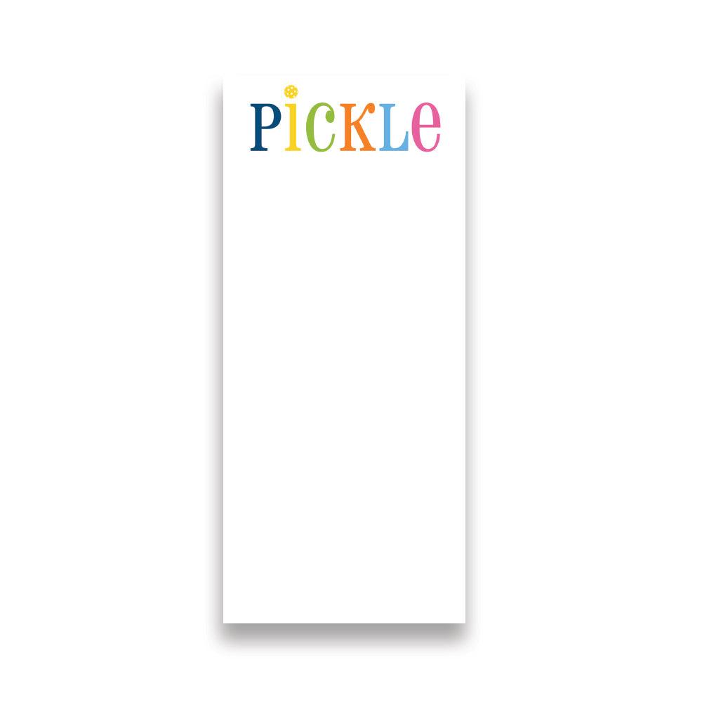 The Pickleball List Notepad by Fresh Pickle features a white rectangular design with “PICKLE” in vibrant, playful colors at the top. Perfect for pickleball lovers as a notepad or fun gift, the rest of each page is blank for your notes.