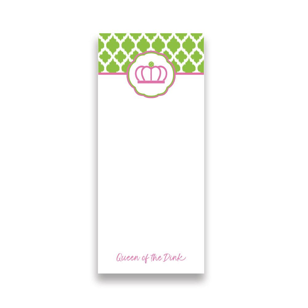The Fresh Pickle Pickleball List Notepad features a white background, green geometric top, pink and green crown emblem, and pink border with “Queen of the Dink” in pink cursive—an ideal gift for any pickleball enthusiast.