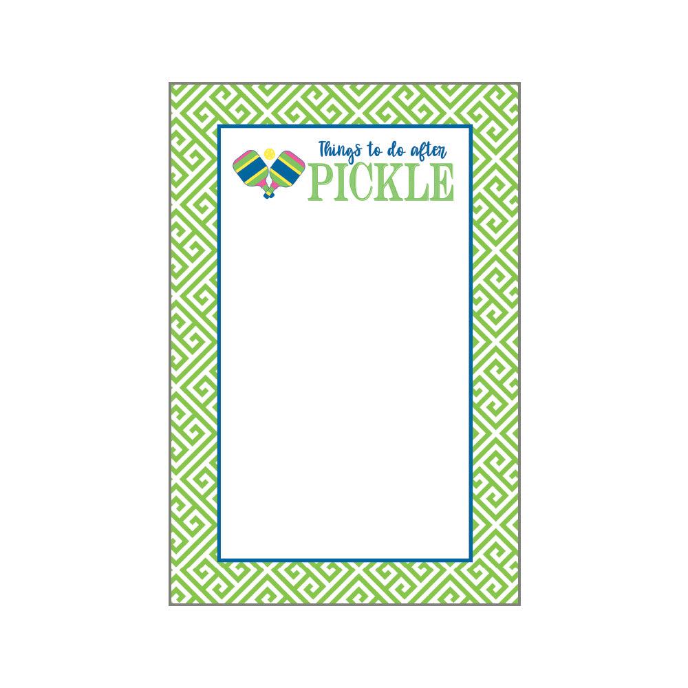 The Fresh Pickle Pickleball Notepad features a green geometric border, white center, and playful paddle and ball accents above "Things to do after PICKLE." Ideal for pickleball fans, the rest of the notepad is blank for your notes.
