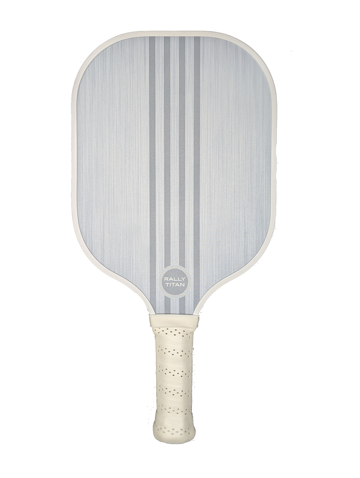 The Grizo 10MM paddle by Rally Titan Pickleball features a T300 textured carbon fiber face in light gray with three dark gray stripes, a polypropylene honeycomb core, white edge guard, and grip handle. "Rally Titan" text is near the base on a plain white background.