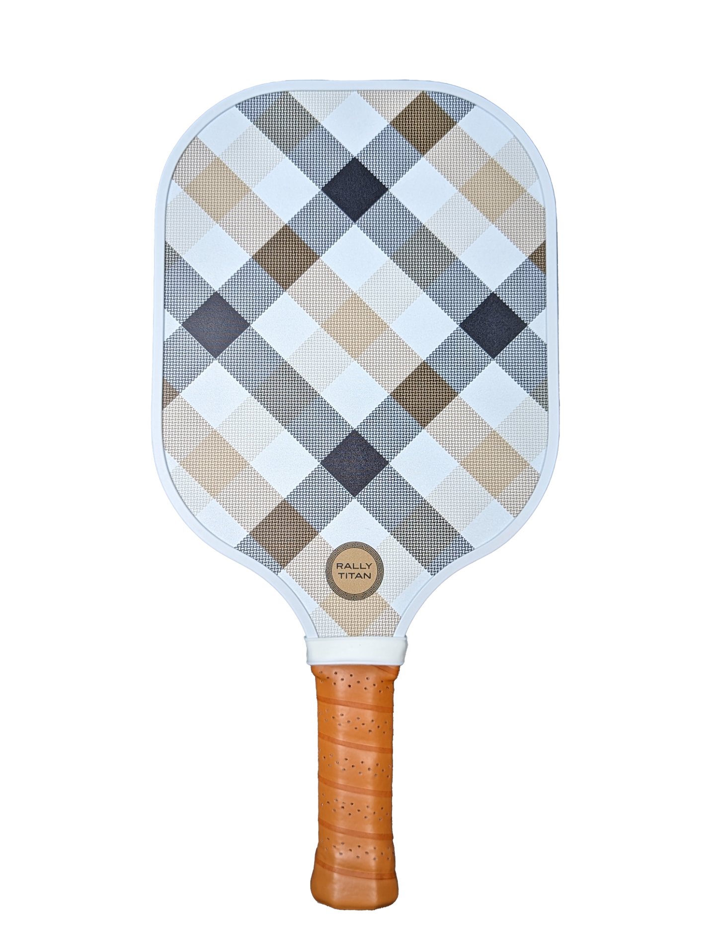 The Rally Titan Pickleball Plaid Luxe paddle features a tan, brown, black, and white plaid face with a T300 textured carbon fiber surface, 10MM polypropylene honeycomb core, light brown synthetic leather grip, and RALLY TITAN badge near the handle.