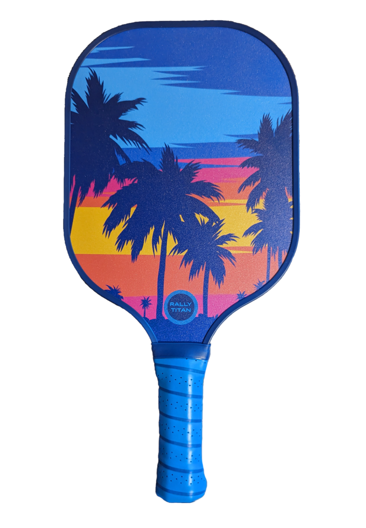 The Rally Titan Pickleball Palm Beach paddle features a T300 textured carbon fiber surface, blue grip, and a vibrant palm tree sunset design in blue, orange, pink, and purple with the Rally TyTan name near the base.