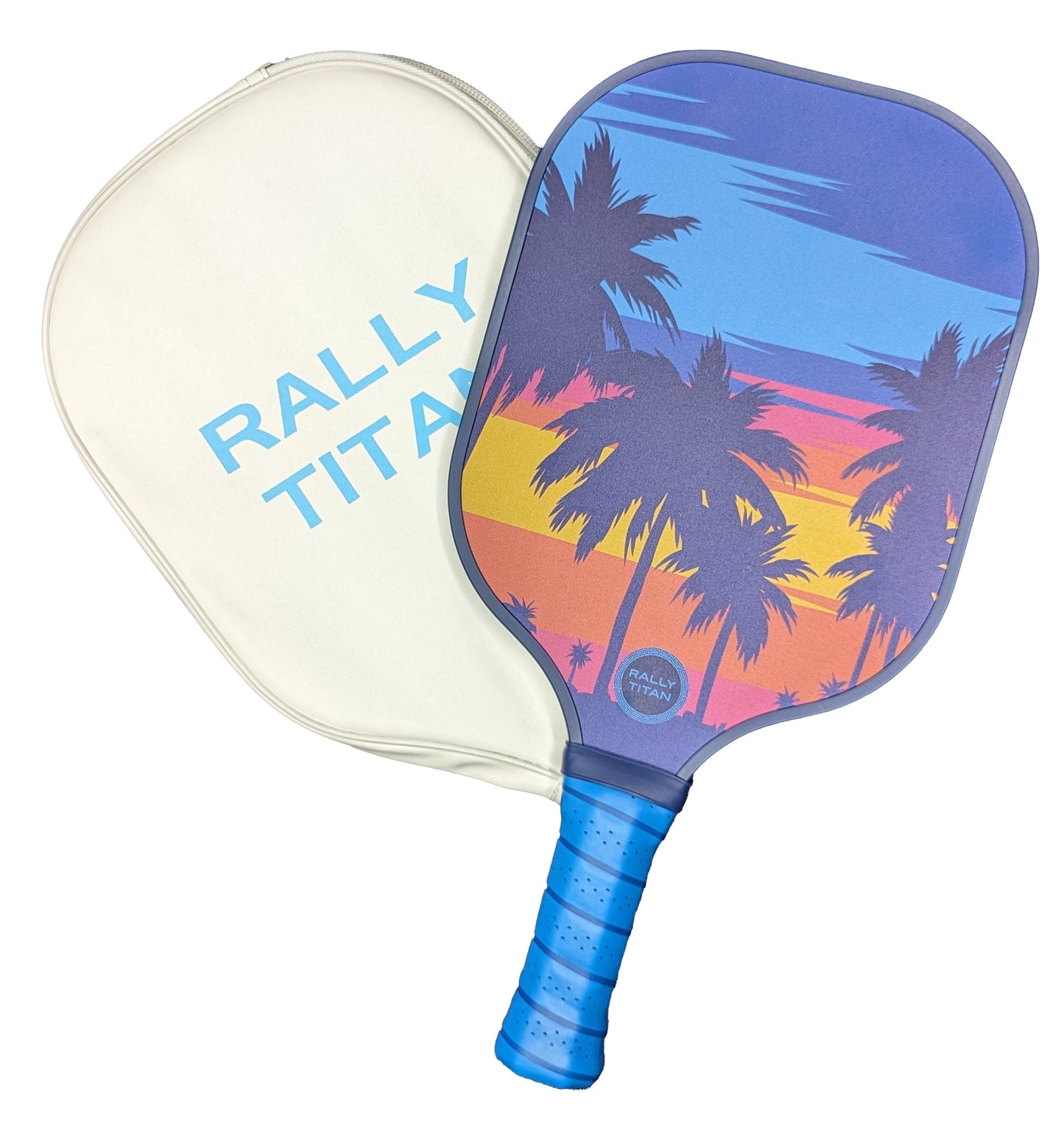 The Rally Titan Pickleball Palm Beach paddle features a blue grip, a vibrant palm tree sunset design, and a T300 textured carbon fiber surface. It comes with a white cover displaying "RALLY TITAN" in light blue capital letters.