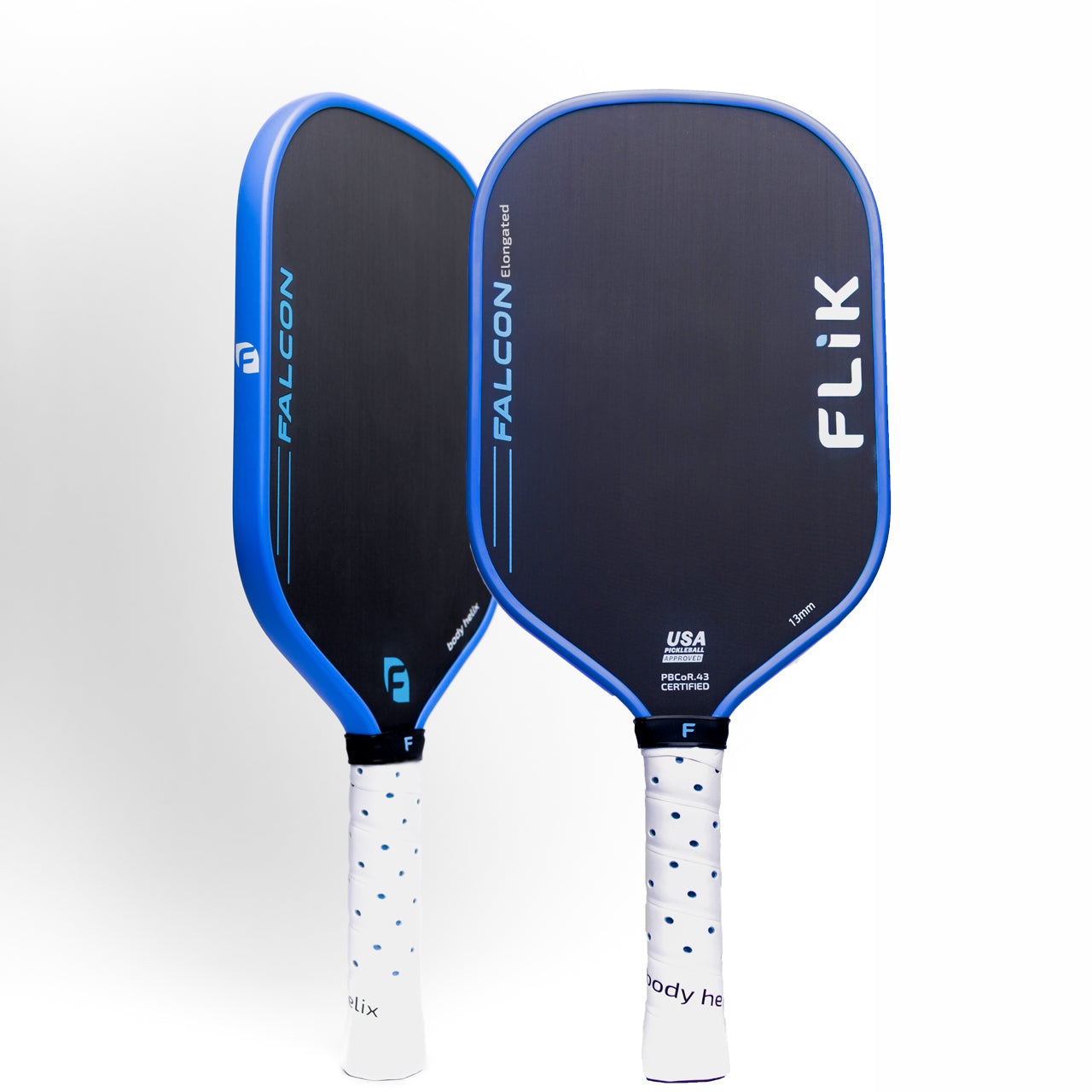 Two body helix FLiK Falcon Elongated pickleball paddles with black and blue rectangular heads stand upright. "FALCON" and "FLiK" appear in blue and white text. White grips with blue dots; one paddle faces forward, the other is angled. USAP Approved.