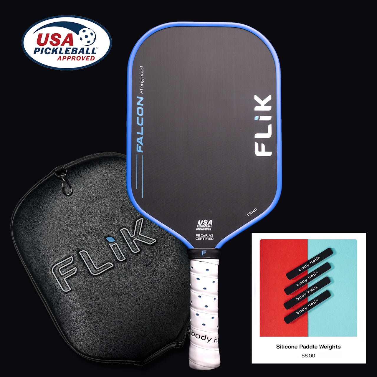 The FLiK Falcon Elongated - USAP Approved paddle with a blue edge and white grip is shown next to a black FLiK case. An inset features $8 customizable paddle silicone weights by body helix. "USA Pickleball Approved" appears at the top left.