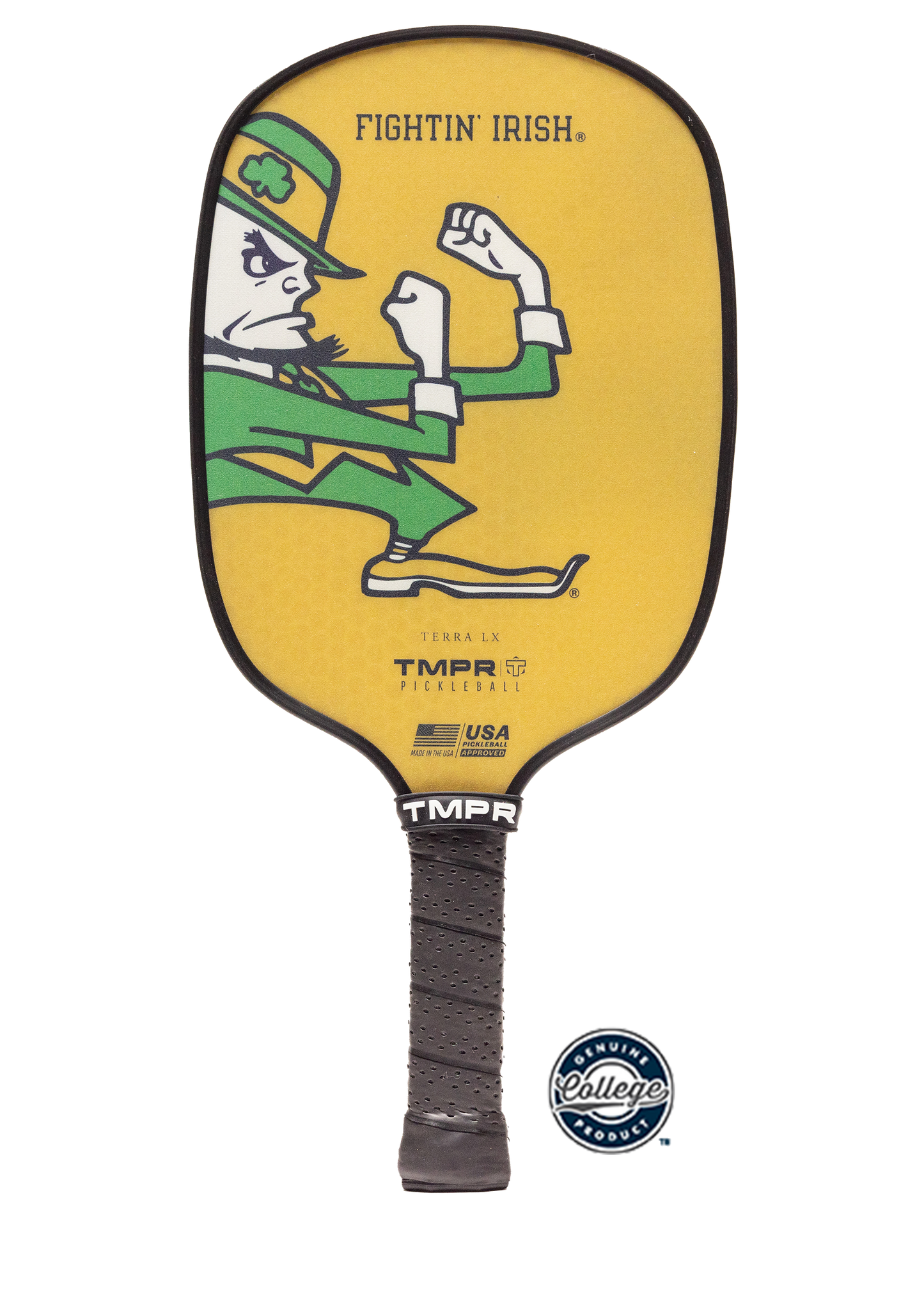 The TMPR Sports Terra LX, Fightin' Irish paddle in yellow showcases the Fighting Irish leprechaun and FIGHTIN IRISH® text, with a SPINGRIP surface, black TMPR handle, and Genuine College Product badge near the bottom right.