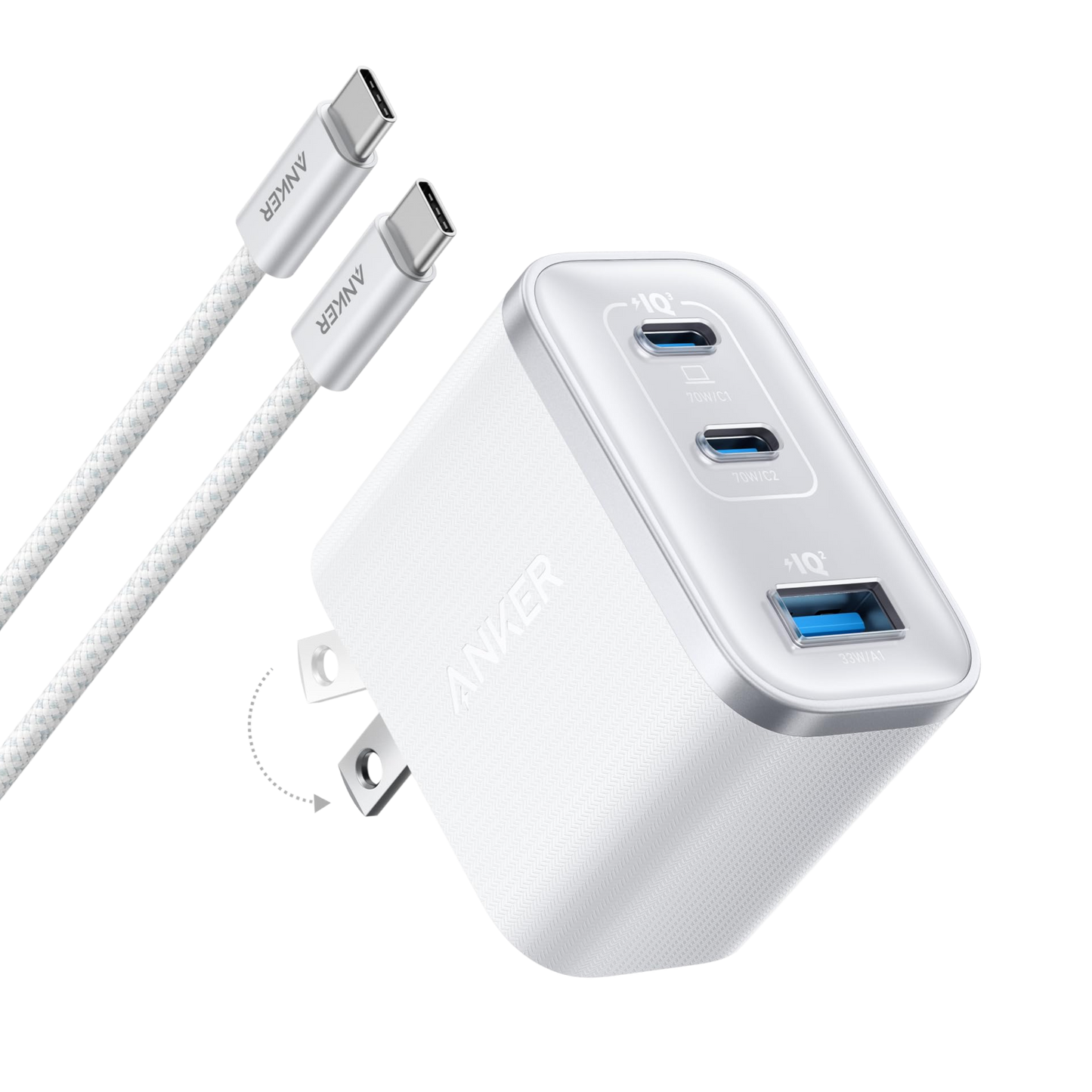 The Anker Nano Charger (70W, 3 Ports) in white, featuring two USB-C and one USB-A port plus foldable prongs, sits next to two braided USB-C cables. Its labeled ports make it a great fast charger for MacBook Pro. Background is plain white.