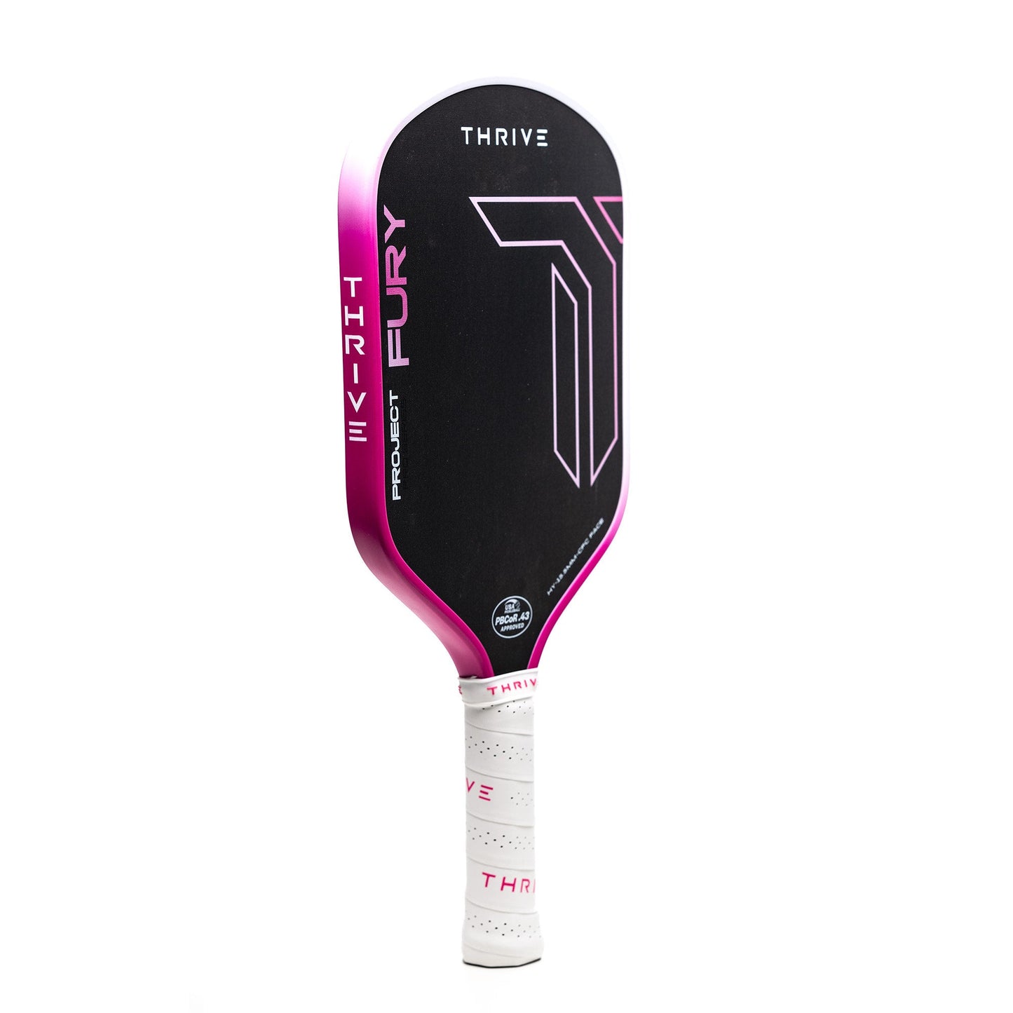 The FURY Hybrid 15.5 MM (GEN 3.5 POWER SERIES) from Thrive Pickleball features bold black and pink graphics, a white handle with pink "THRIVE" accents, "THRIVE PROJECT FURY" on the face, and an advanced floating core. Includes 6-month warranty.