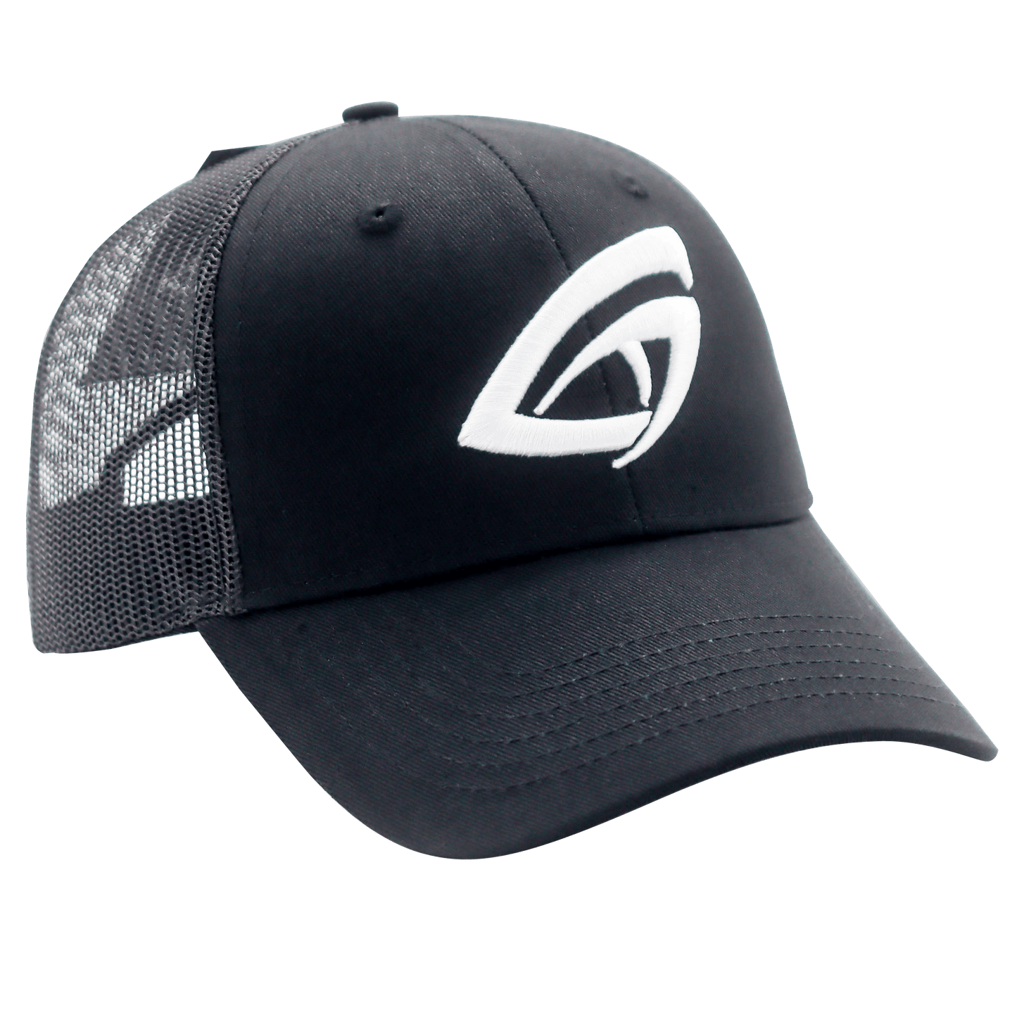 The GATORSTRIKE™ Performance Hat by GATORSTRIKE is a black mesh trucker cap with a curved brim and white stylized eye logo on the front. It features breathable mesh panels and an adjustable strap for a secure, comfortable fit. The background is plain white.