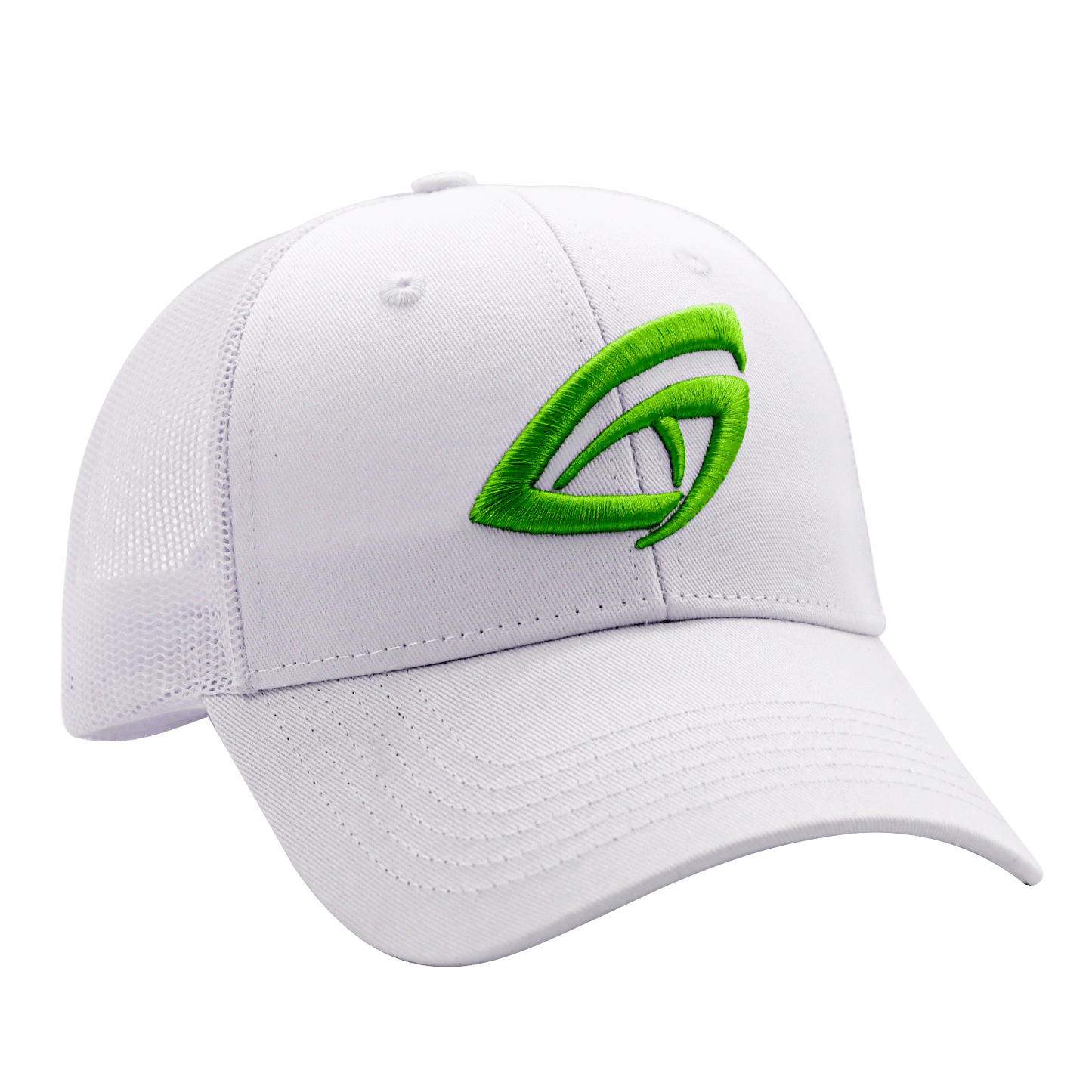 The GATORSTRIKE™ Performance Hat by GATORSTRIKE features a white mesh trucker design with a bright green embroidered NVIDIA logo on the front, angled right on a plain white background. An adjustable strap and visible stitching add comfort and detail.